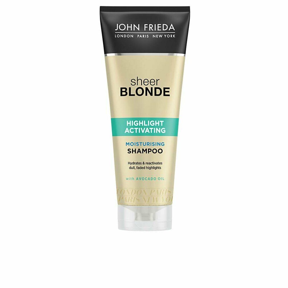 Shampoo-Tube von John Frieda Sheer Blonde. Schwarzer Deckel, goldfarbener Körper, grüne Akzente. Aufschrift: Highlight Activating Moisturising Shampoo.