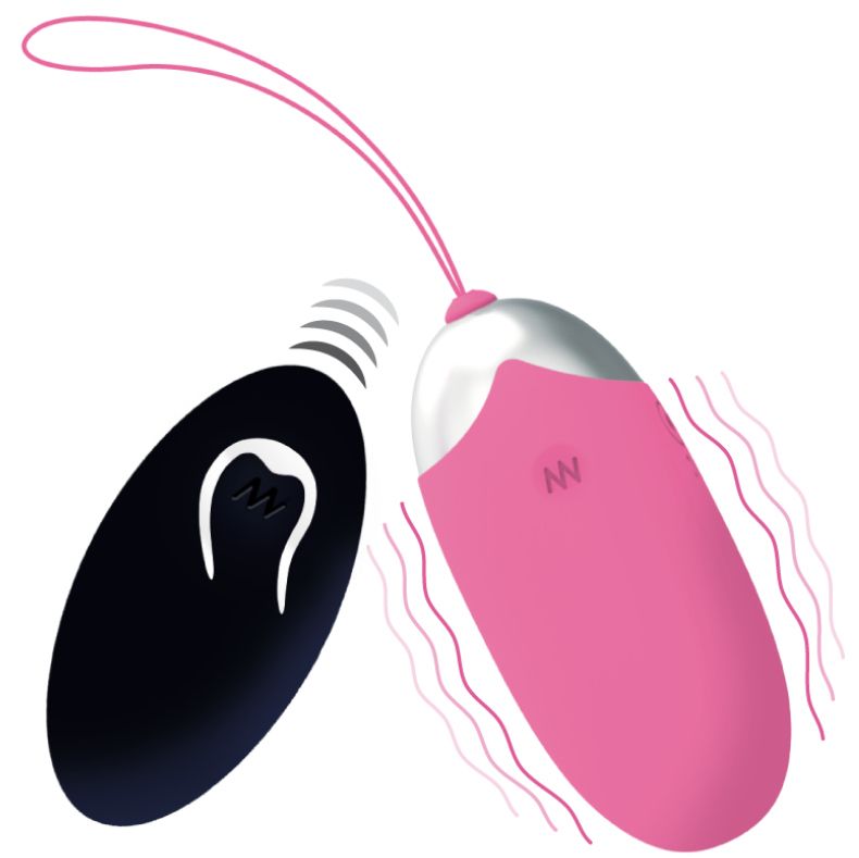 Rosa Ei mit silberner Spitze und schwarze Fernbedienung. Beide mit Logo. Rosa Kordel am Ei. Wellenlinien deuten Vibration an.