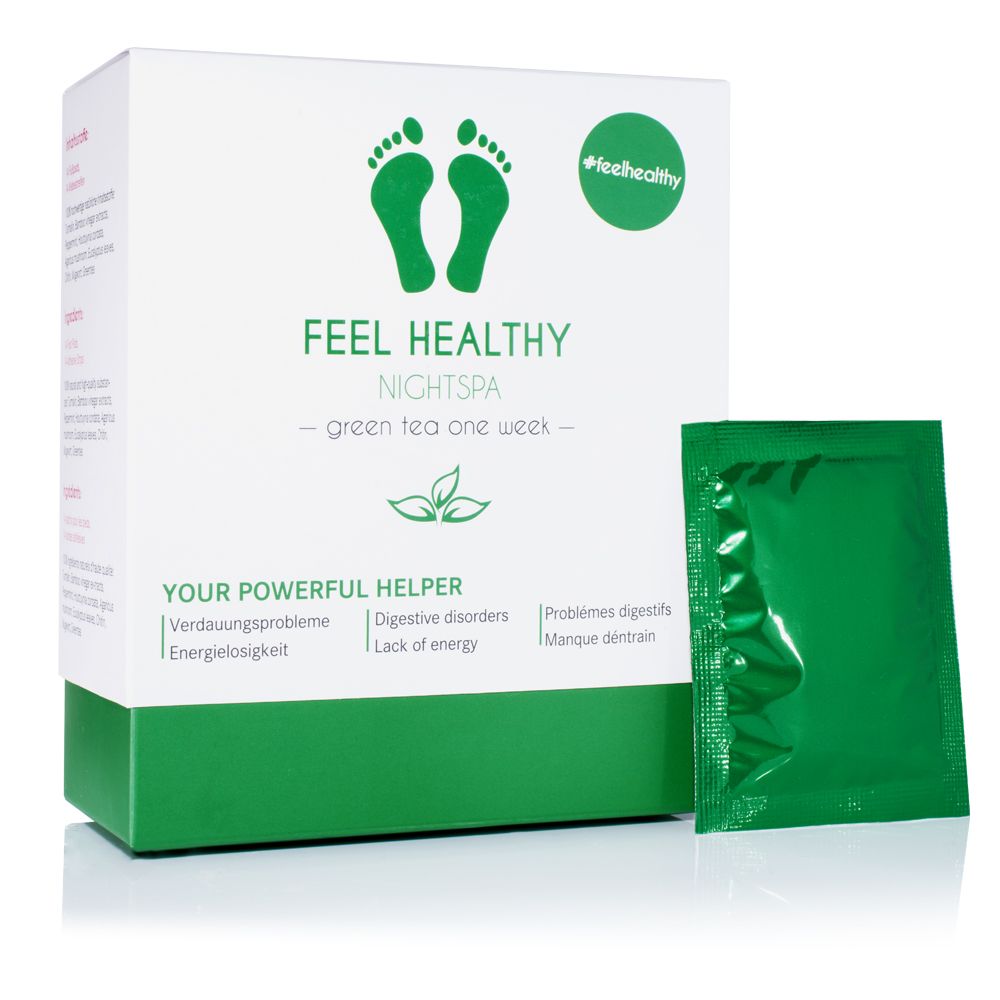Weiße Schachtel mit grünem Streifen und einem grünen Beutel. Aufdruck: Feel Healthy Nightspa, grüne Fußsymbole, Text. Produktname und Text in Deutsch und Englisch.