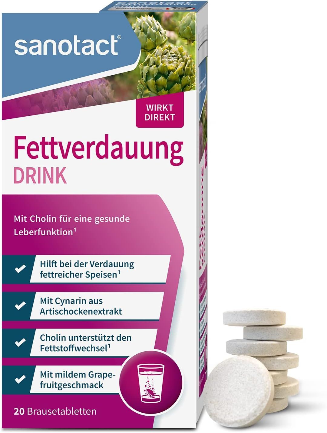 Packung Sanotact Fettverdauung Drink Brausetabletten. Enthält Cholin, Artischockenextrakt. 20 Brausetabletten. Lila und weißes Design.
