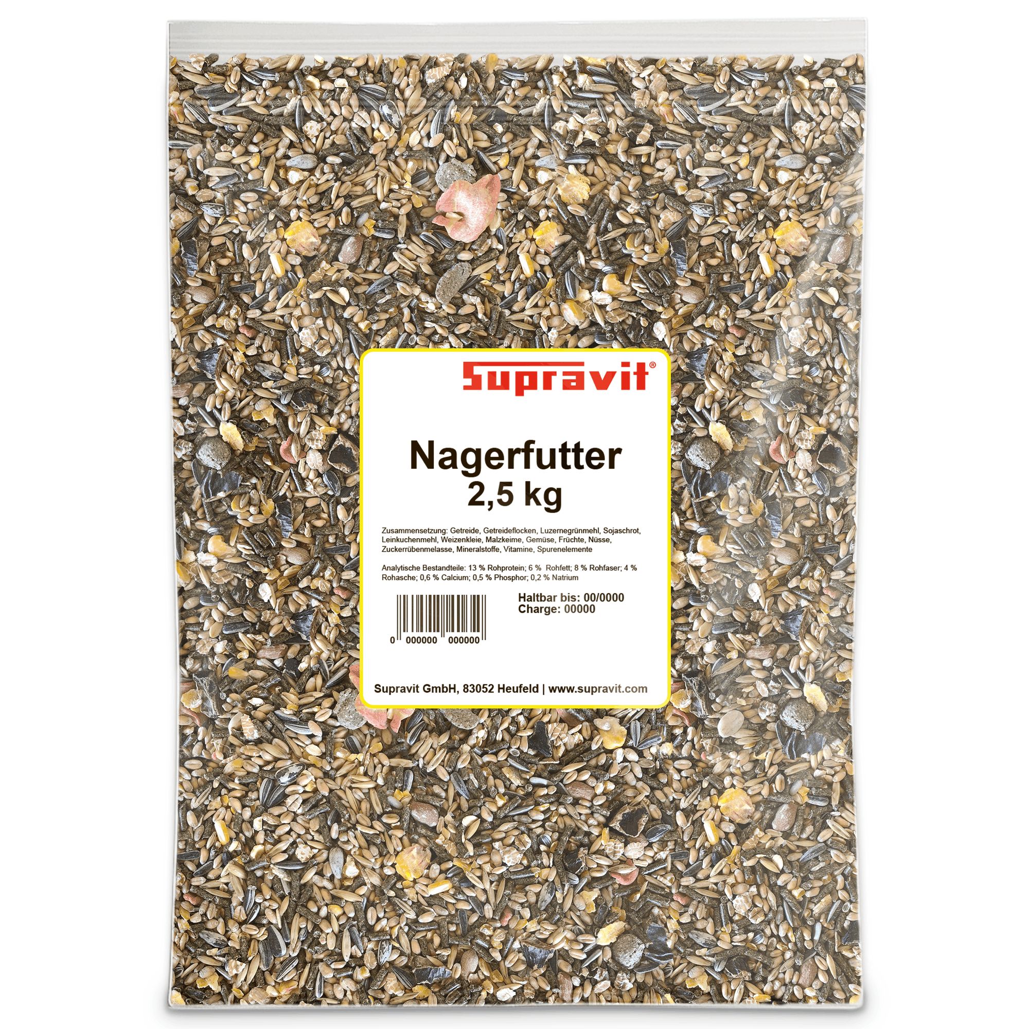 Transparente Verpackung mit Supravit Nagerfutter. 2,5 kg. Aufdruck: Zusammensetzung, Analyse, Charge, Mindesthaltbarkeit. Marke Supravit.