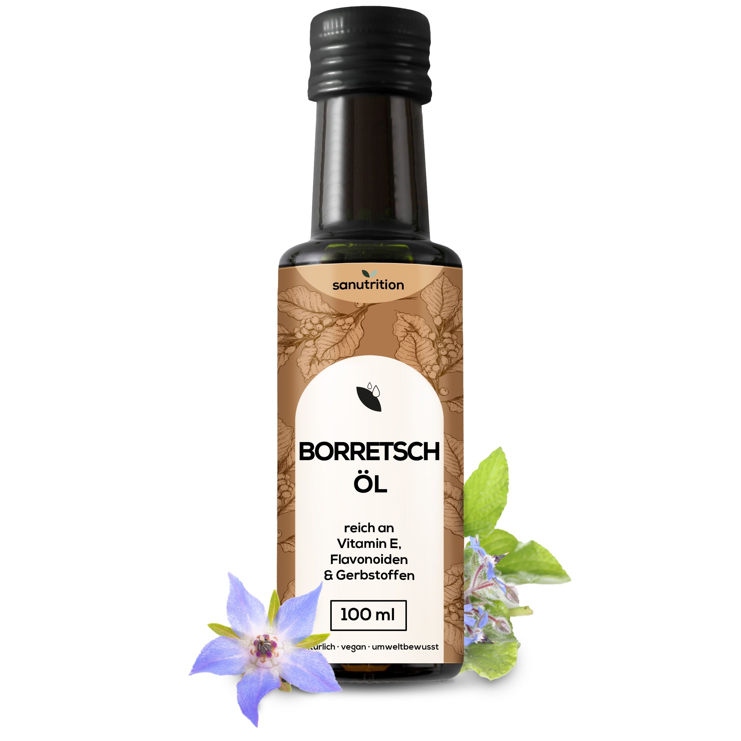Braune Glasflasche mit schwarzem Deckel. Etikett mit Aufschrift: Borretsch Öl, Sanutrition. Enthält Vitamin E, Flavonoide & Gerbstoffe. 100 ml.