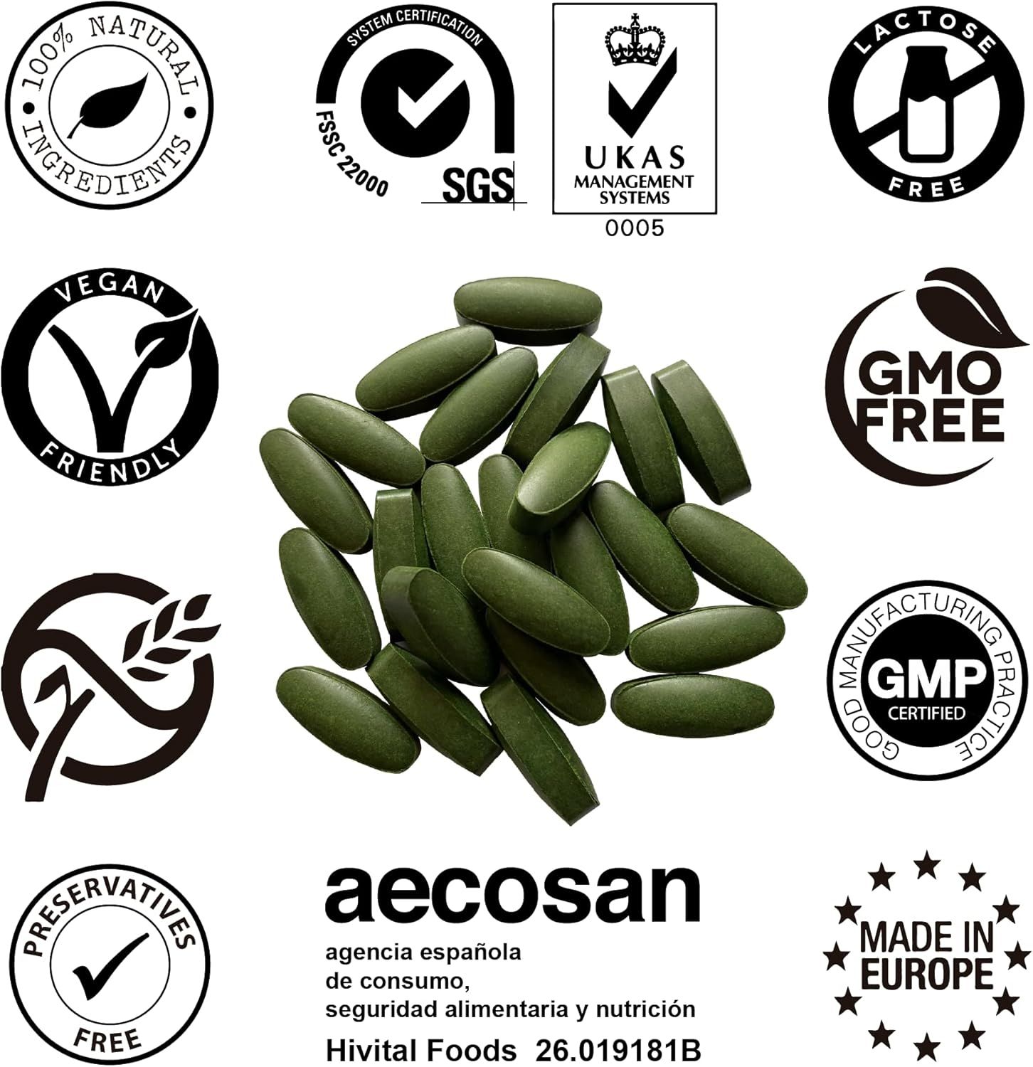 Grüne Tabletten. Logos: Vegan, GMO-frei, GMP, Made in Europe, etc. Text: aecosan, seguridad alimentaria y nutrición.