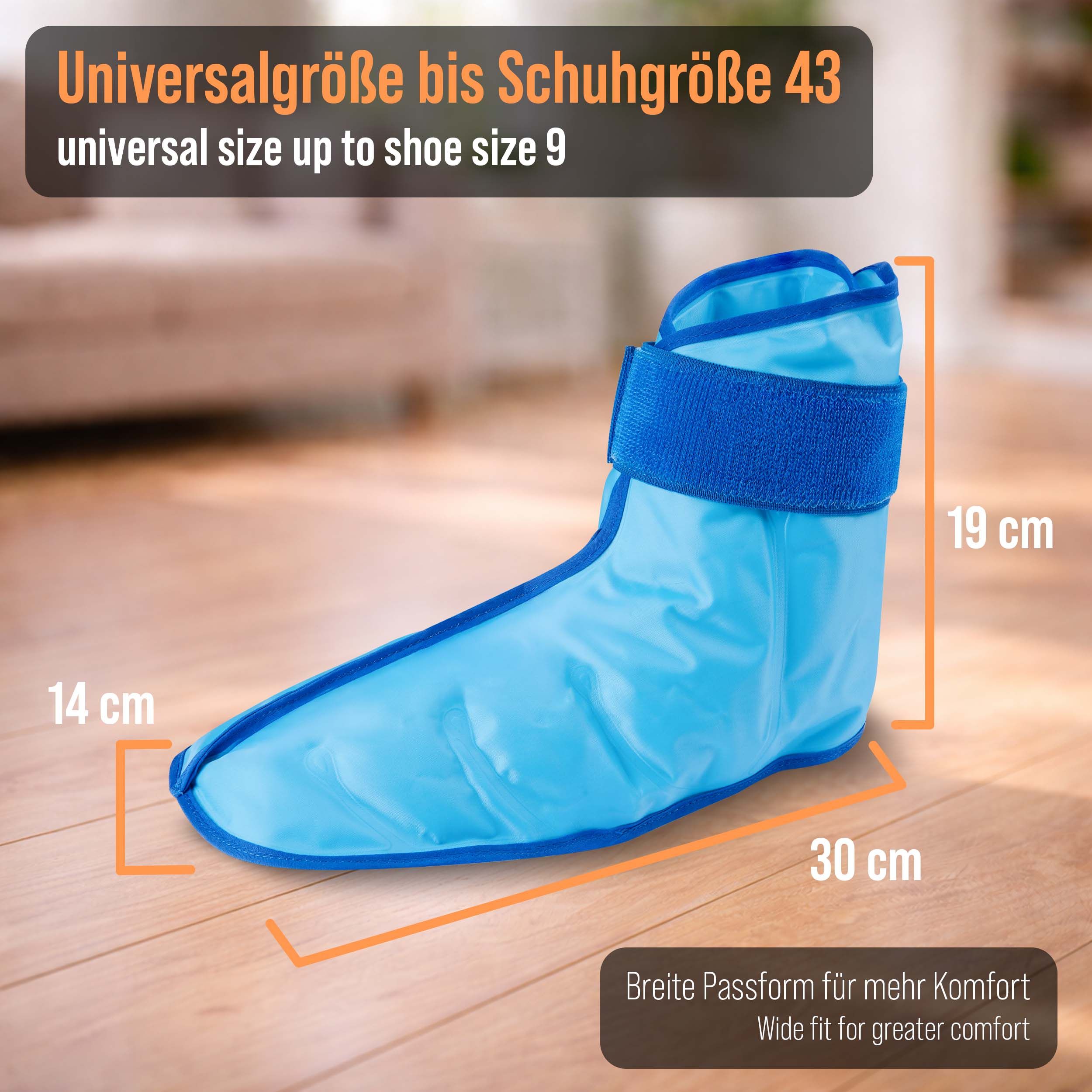 Blauer Kühl- und Wärme-Stiefel mit blauen Klettverschlüssen. Maße: 14 cm hoch, 19 cm breit, 30 cm lang. Text: Universalgröße bis Schuhgröße 43, Breite Passform.