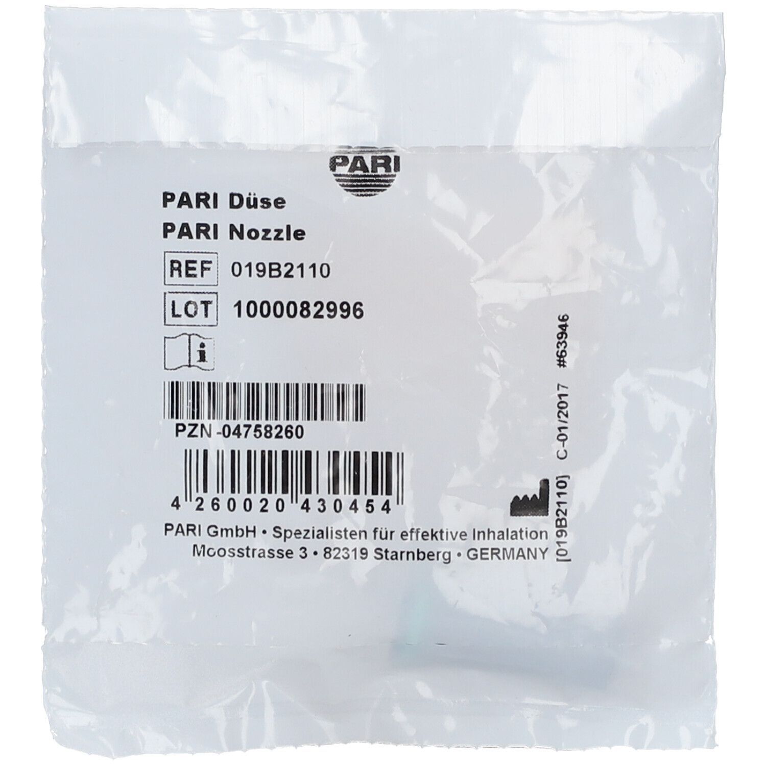 PARI Düse in Plastikverpackung. Text: PARI Düse, PARI Nozzle, REF 019B2110, LOT 1000082996. Barcode und weitere Informationen.
