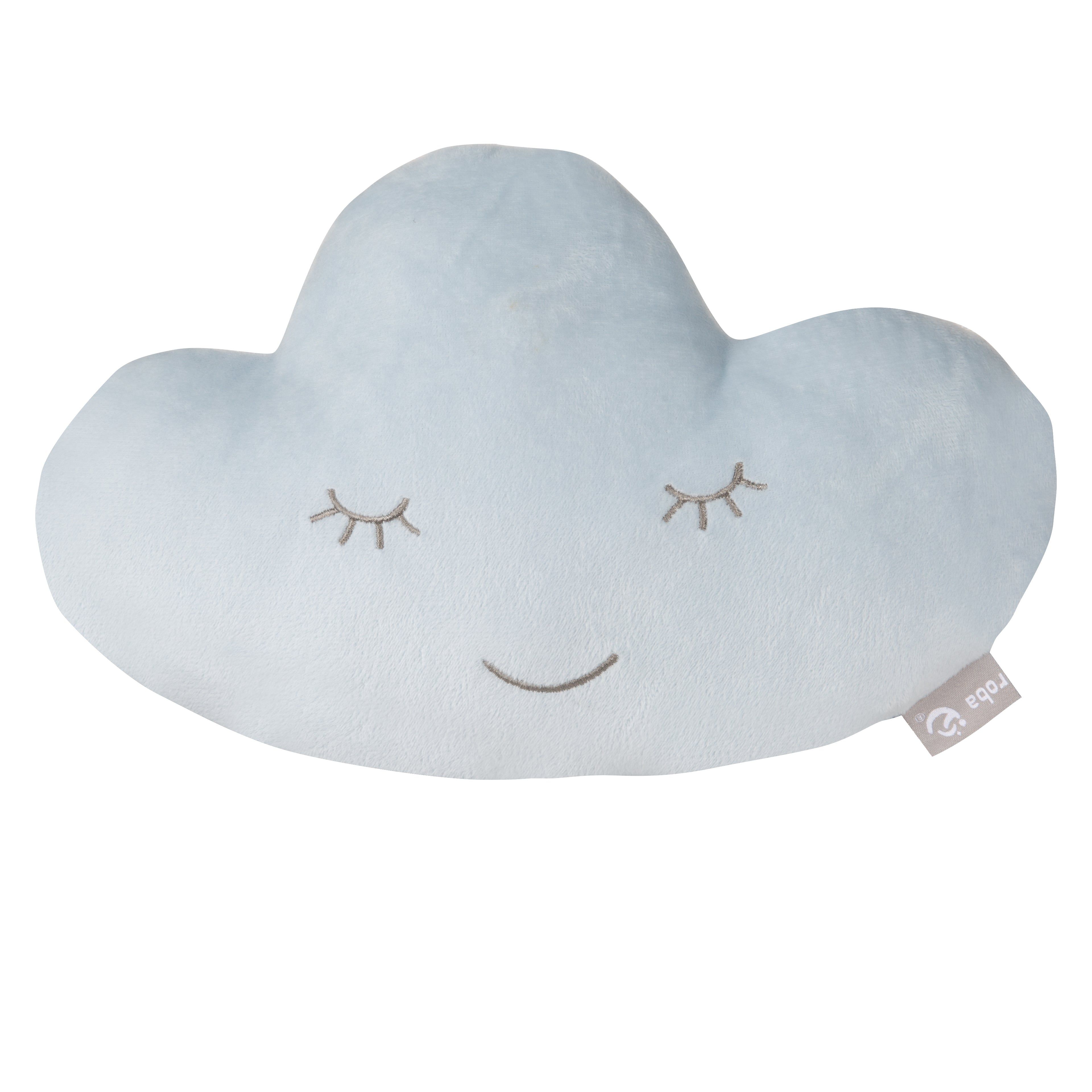 Hellblaues Wolkenkissen mit geschlossenen Augen und Lächeln. Kleines Logo.