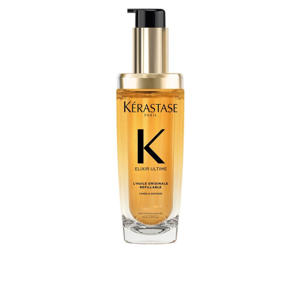 Kérastase Elixir Ultime L'Huile Originale. Goldfarbene Flasche mit schwarzem Pumpkopf. Produktbeschriftung sichtbar.