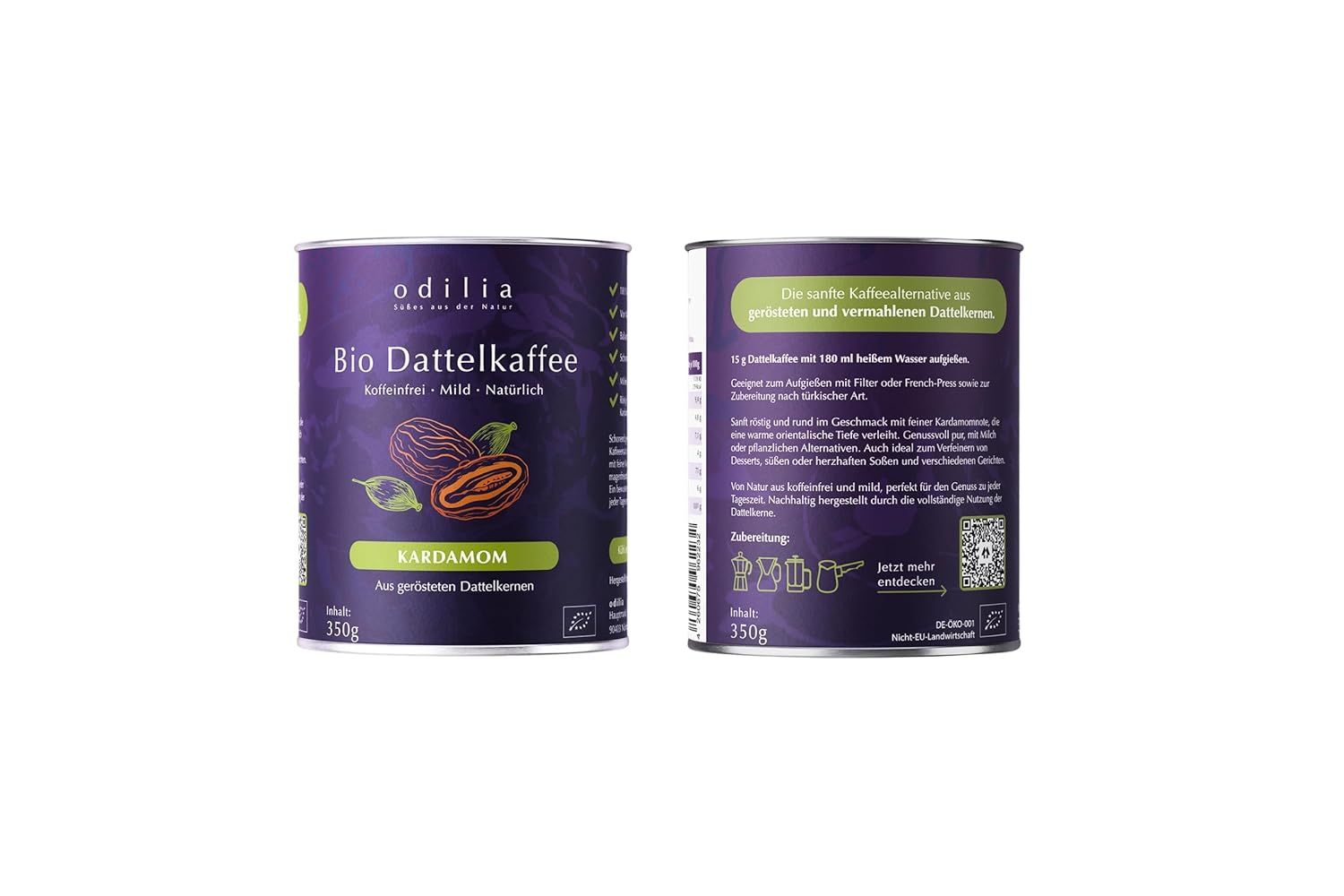 Vorder- und Rückseite einer Dose Odilia Bio Dattelkaffee mit Kardamom. 350g Inhalt.