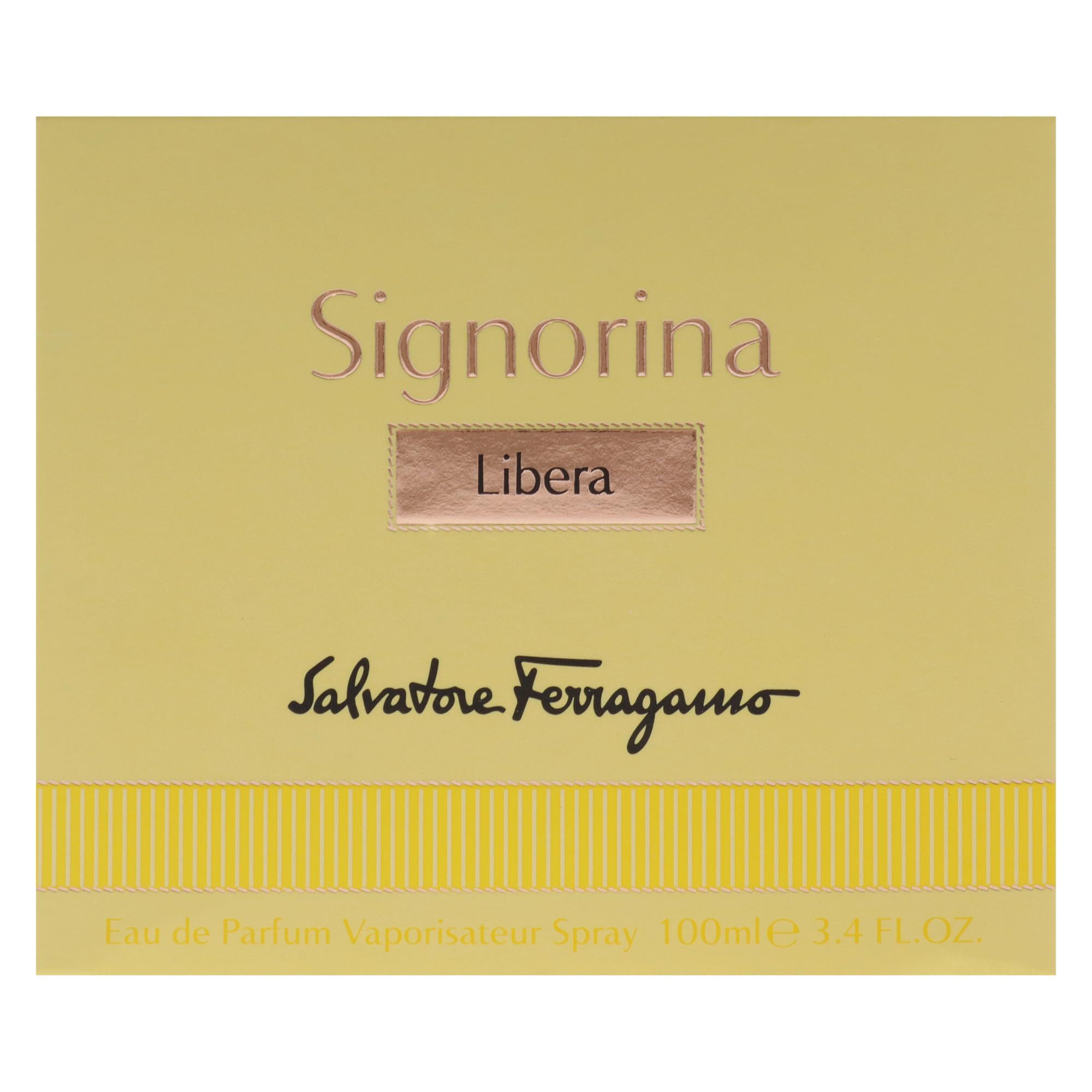 Verpackung von Salvatore Ferragamo Libera. Gelbe Verpackung mit Produktnamen und Logo. Aufschrift: Eau de Parfum Vapo.