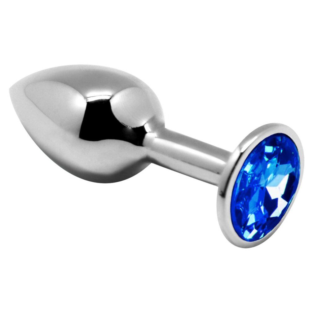 Metallischer Anal-Plug mit blauem Juwel. Glänzende Oberfläche. Ovaler Stein am Ende.