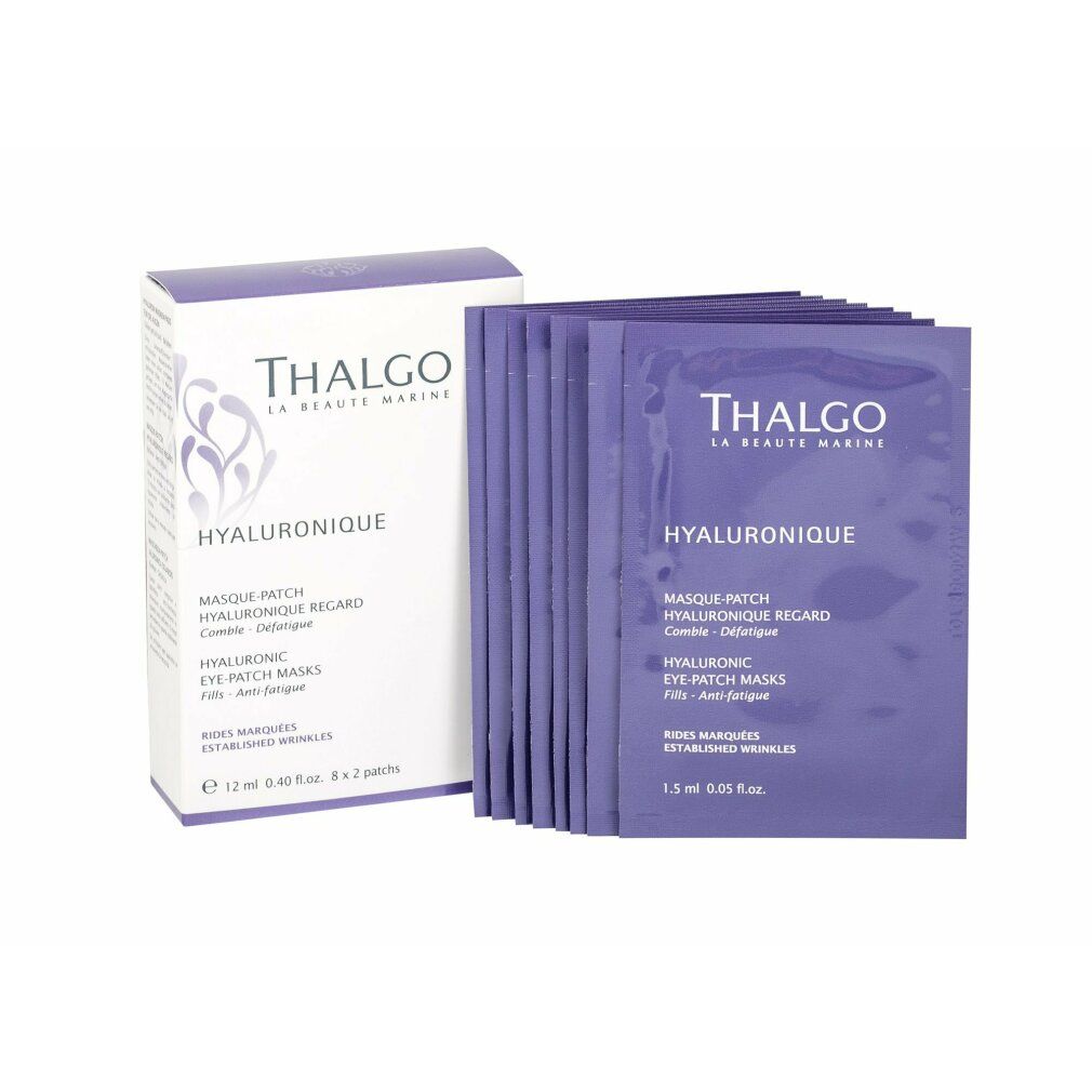 Schachtel und Augenmasken. Text: Thalgo, Hyaluronique, Augen-Patch Masken. 8 x 2 Stück. Lila Verpackung.
