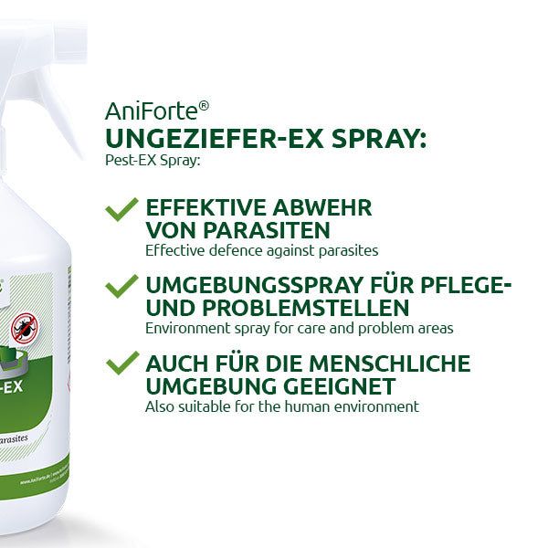 Nahaufnahme einer weißen Sprühflasche. Text: AniForte Ungeziefer-EX Spray. Effektive Abwehr von Parasiten. Geeignet für die menschliche Umgebung.