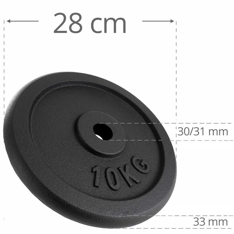 Schwarze Hantelscheibe mit Loch. Geprägt: "10KG". Maße: 28 cm Durchmesser, 30/31 mm Loch, 33 mm Dicke.