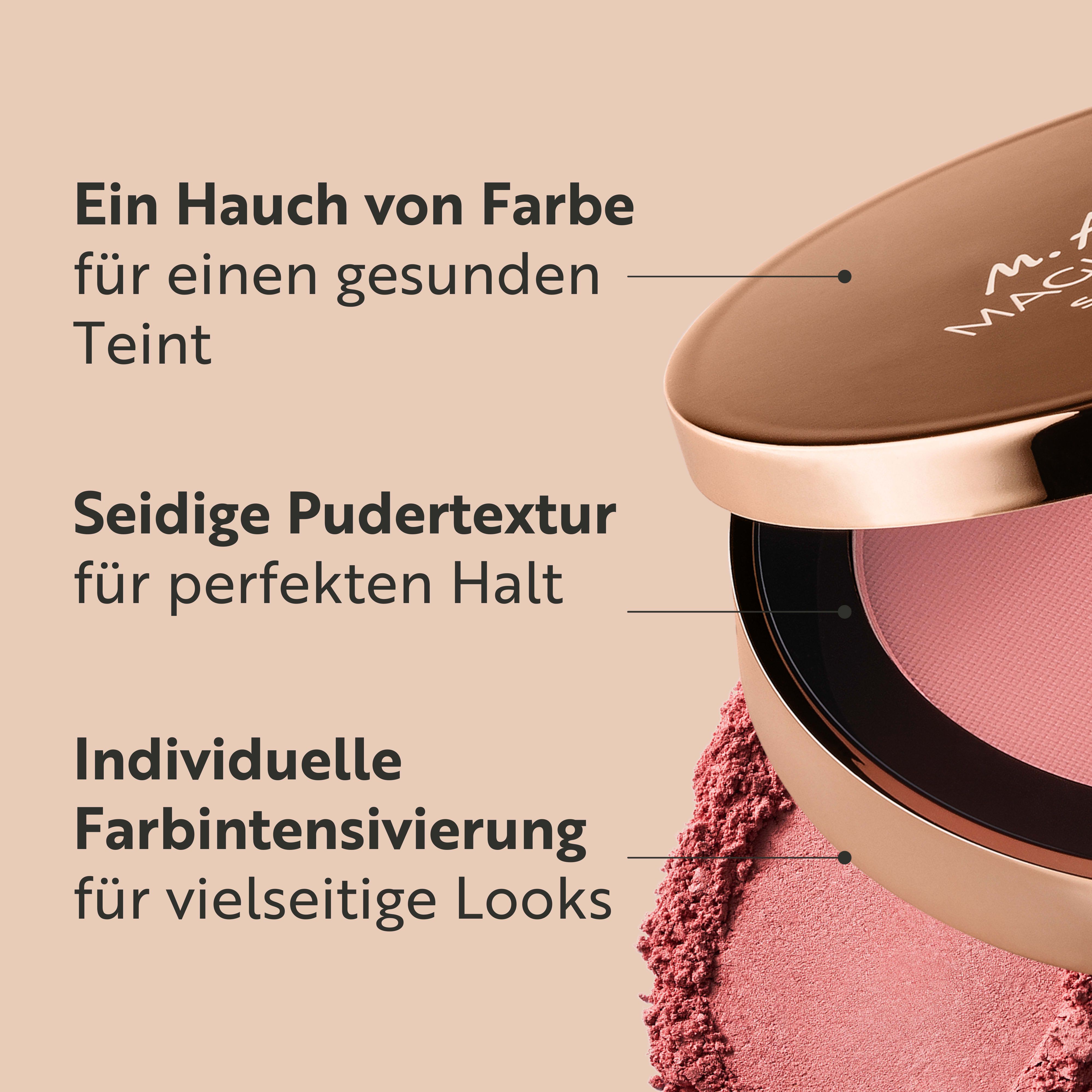 M. Asam Satin Blush Peachy Rose: Pudertextur in Roséton mit seidigem Finish. Individuell aufbaubar für verschiedene Looks.