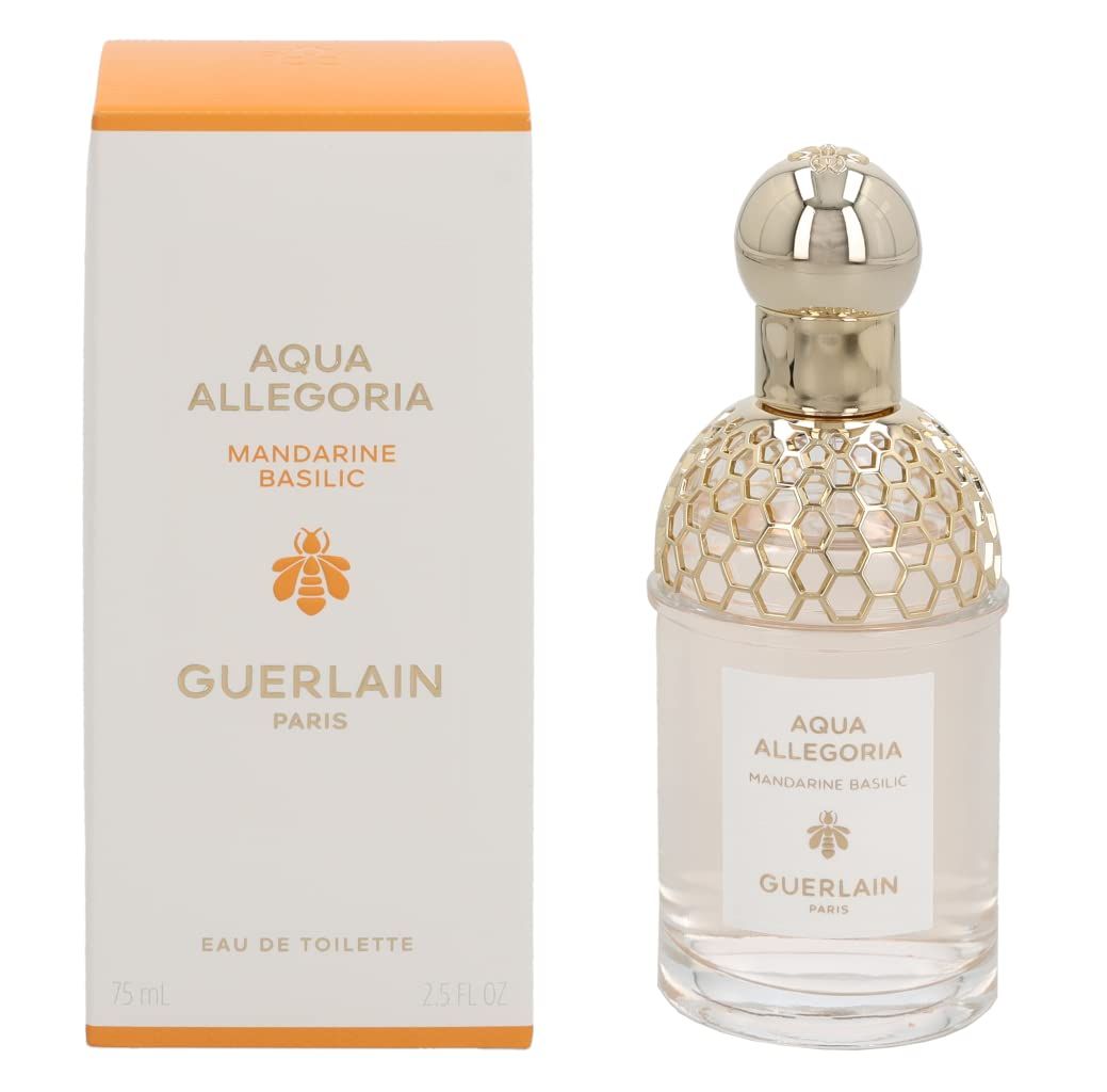 Flakon und Verpackung. Flakon mit goldfarbenem Verschluss. Verpackung weiß mit orangefarbener Oberseite. Schriftzug Aqua Allegoria, Mandarine Basilic, Guerlain.