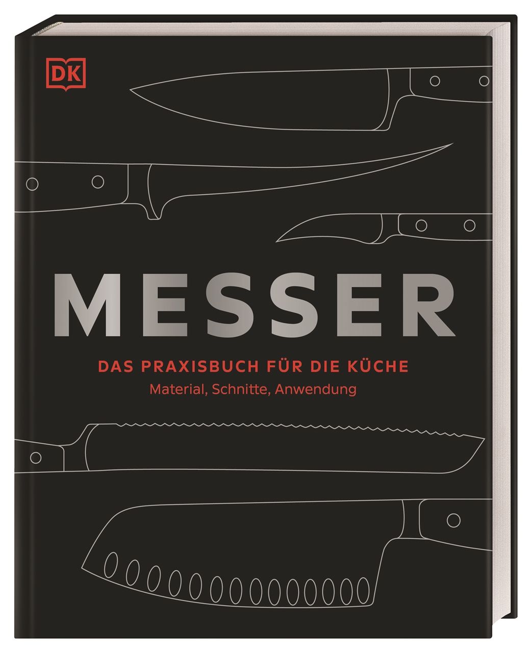 Buchcover mit dem Titel "Messer". Schwarzer Hintergrund, weiße Messer-Illustrationen. DK-Logo oben links.