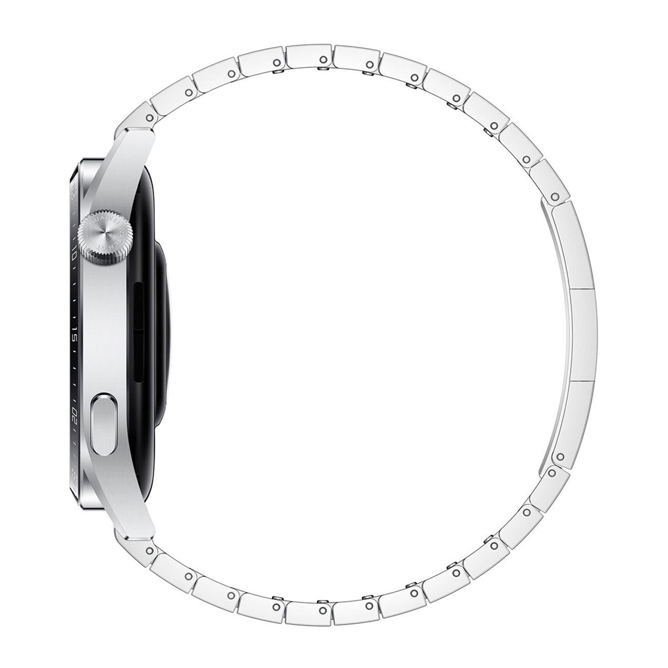 Seitenansicht einer silbernen Smartwatch mit Metallarmband. Runde Form, Edelstahlgehäuse.
