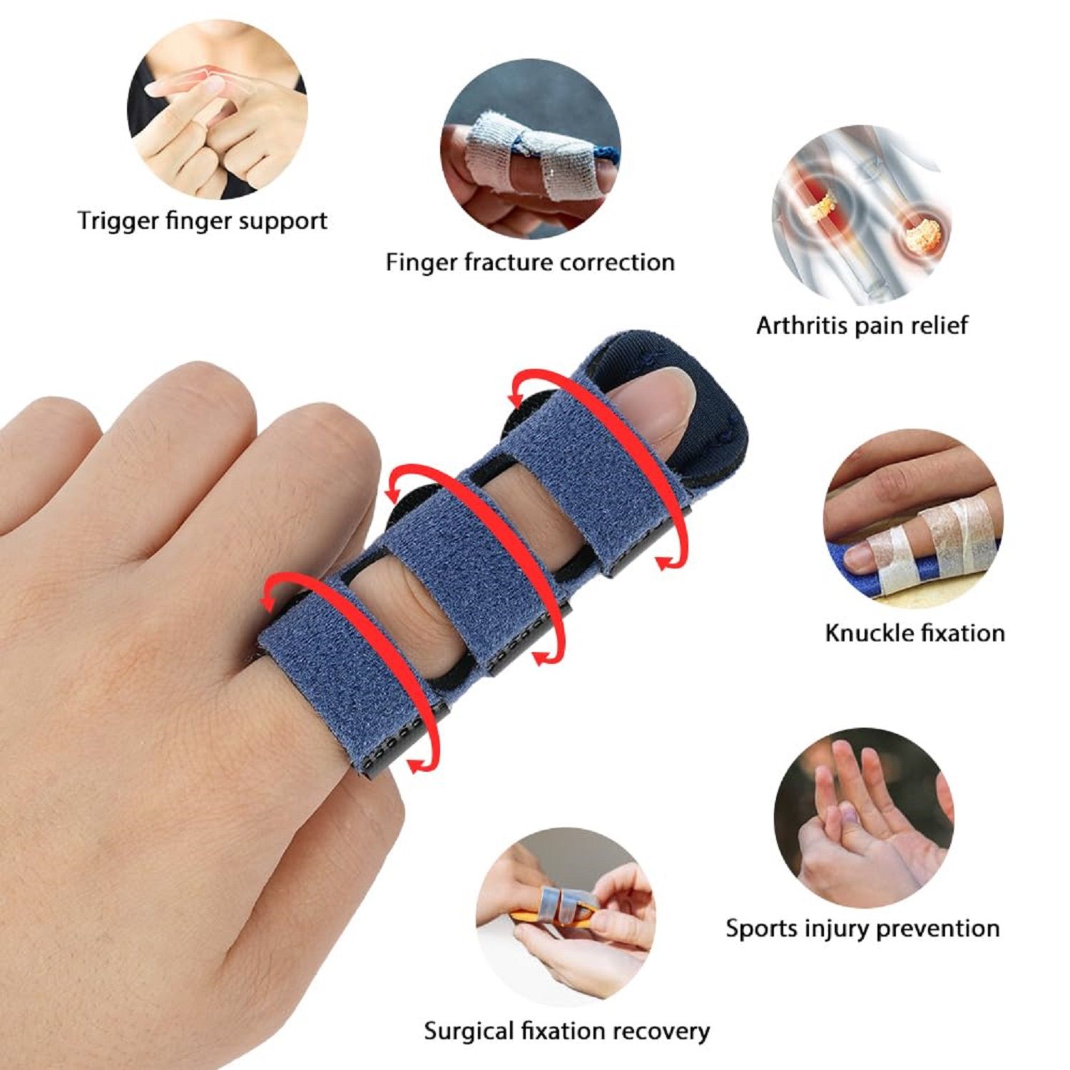 Fingerschiene am Finger, umgeben von Icons. Themen: Triggerfinger, Frakturkorrektur, Arthritis, Knochenfixierung, Sportverletzungen, chirurgische Erholung.