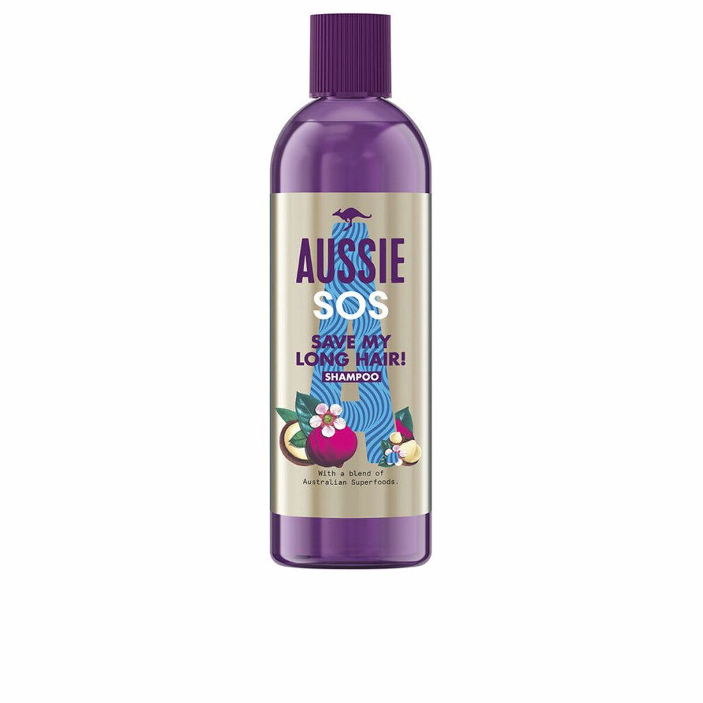 Violette Shampoo-Flasche mit Aufschrift "AUSSIE SOS SAVE MY LONG HAIR! SHAMPOO". Abbildung von Früchten und einem Känguru.