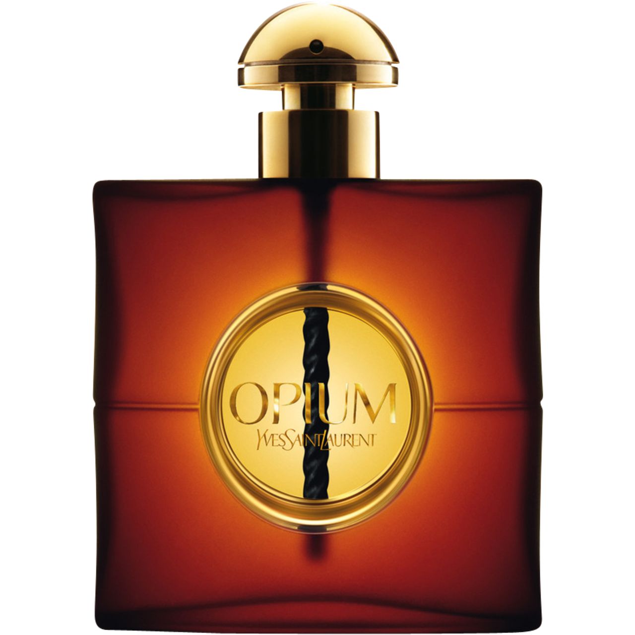 Dunkelroter Flakon mit goldenem Verschluss. Goldenes Etikett mit "Opium" und Markennamen. Quadratische Form, elegantes Design.