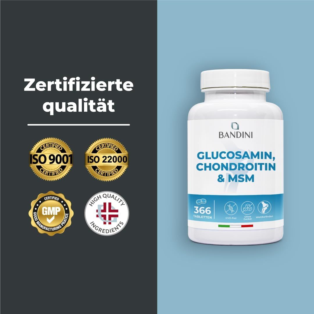 Weiße Flasche mit Bandini-Etikett. Aufschrift: Glucosamin, Chondroitin & MSM. 366 Tabletten. Zertifizierte Qualität.