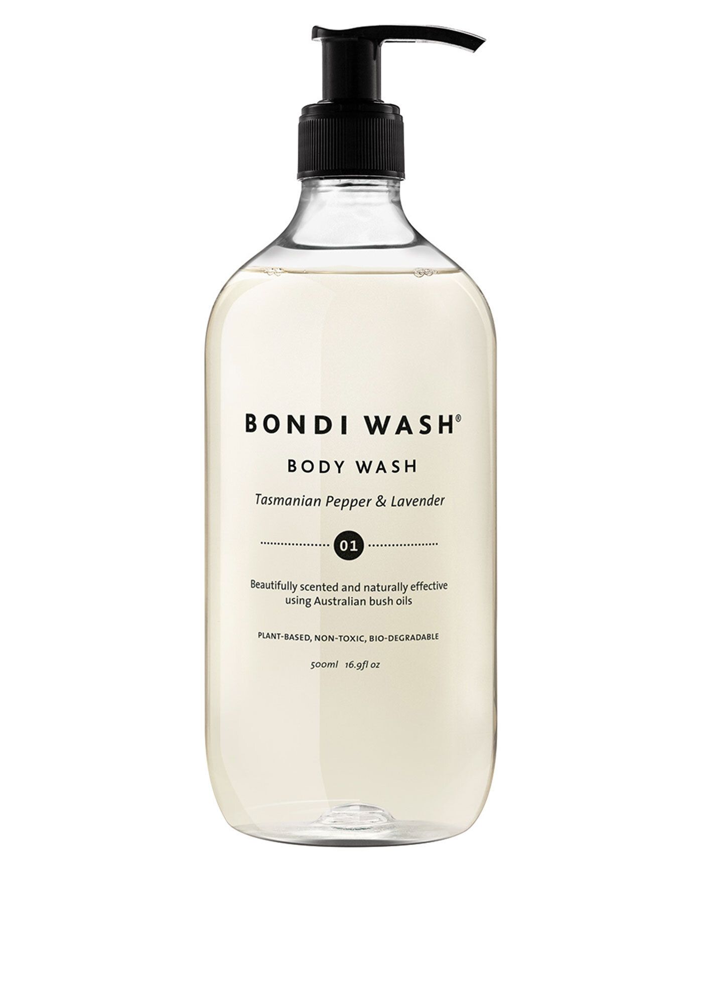 Klarer Behälter mit schwarzem Pumpkopf. Aufschrift: Bondi Wash Body Wash Tasmanian Pepper & Lavender. Nummer 01.