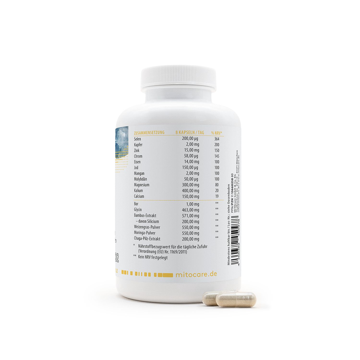 Rückseite eines MITOcare® Premium Minerale Behälters mit Nährwertangaben und Inhaltsstoffen.