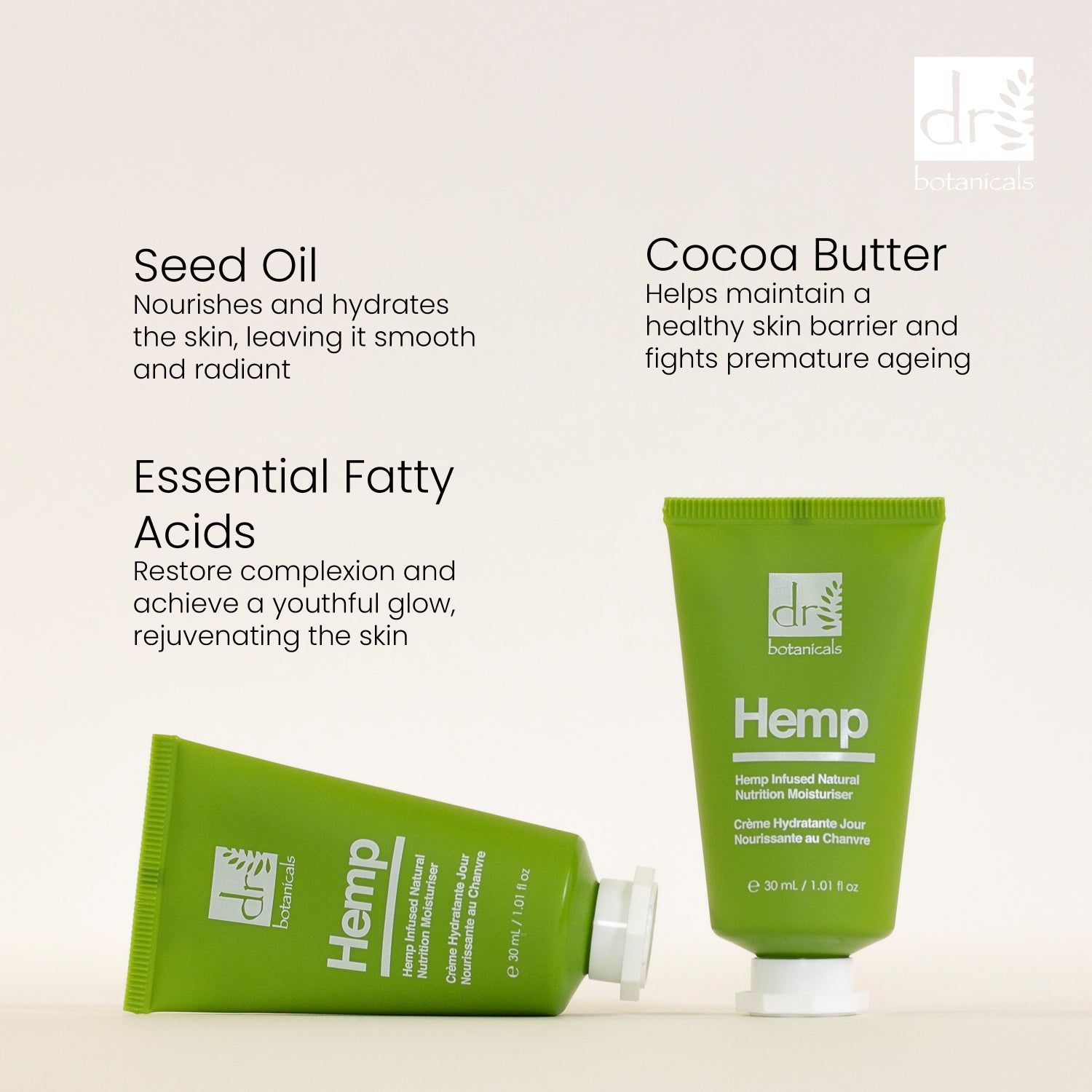 Zwei grüne Tuben mit weißem Deckel. Aufschrift: Hemp, Hemp Infused Natural Nutrition Moisturiser, 30 ml. Text über Inhaltsstoffe.