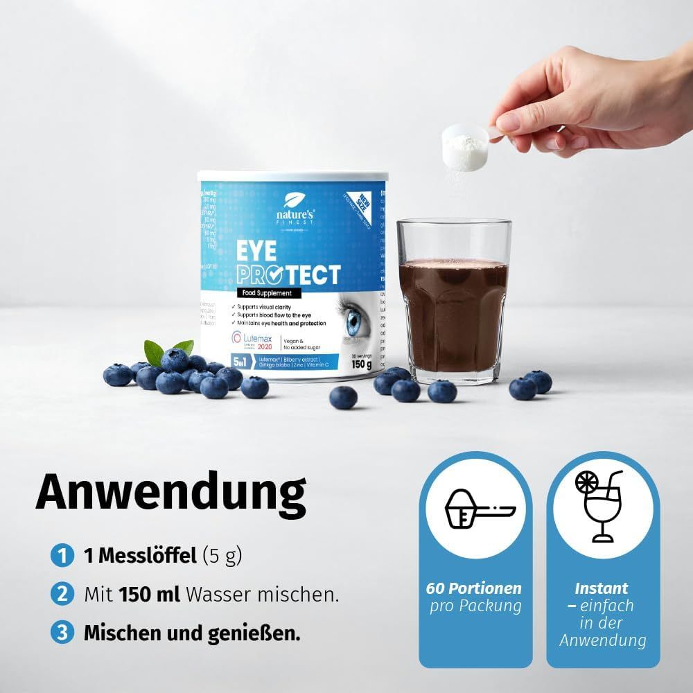 Produkt-Dose "Eye Protect" auf blauem Hintergrund. Text: Versorge deine Netzhaut auf natürliche Weise. Auge-Illustration.