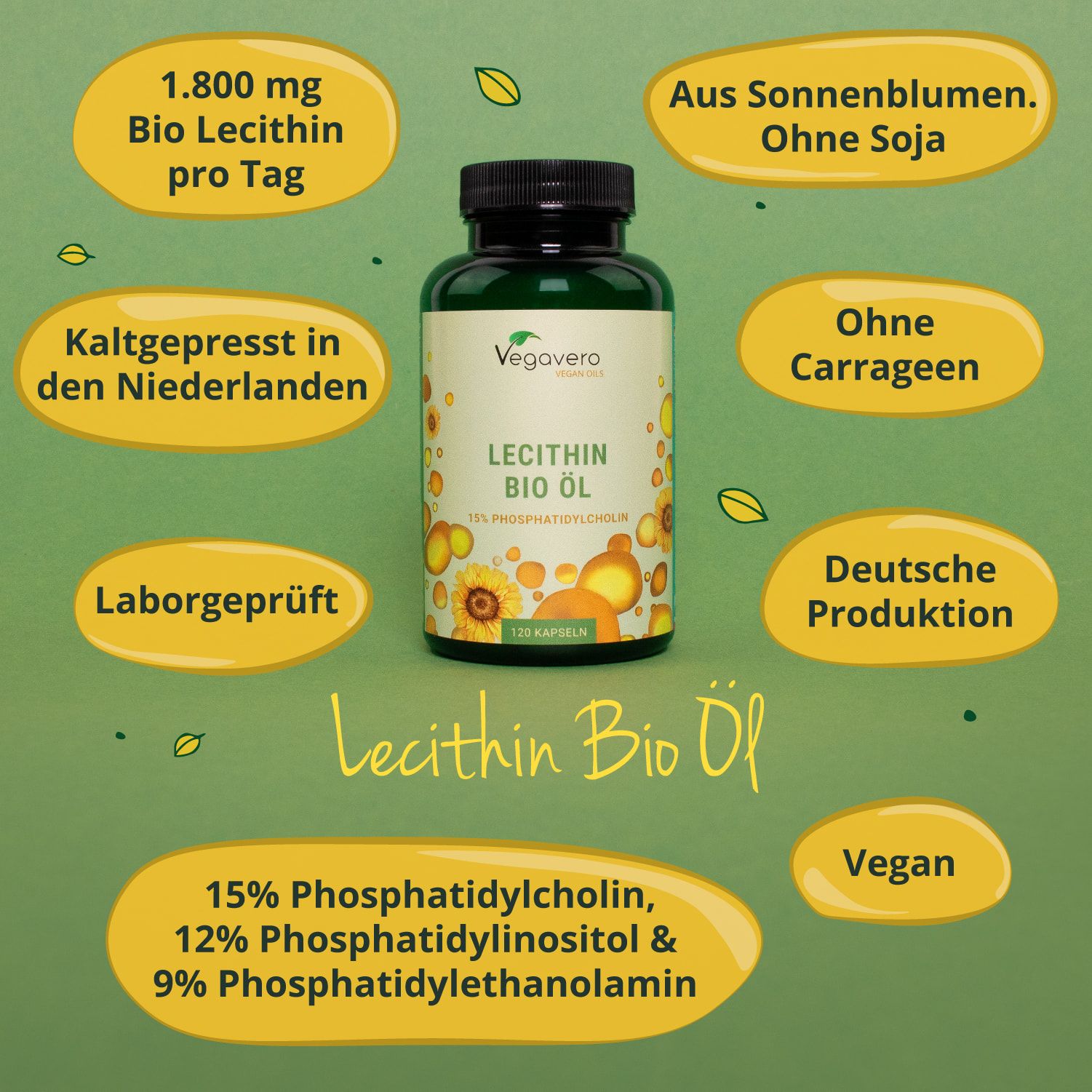 Produktinformationen: Lecithin BIO Öl. Inhaltsstoffe, Herkunft, Zertifizierungen. Vegavaro Logo.