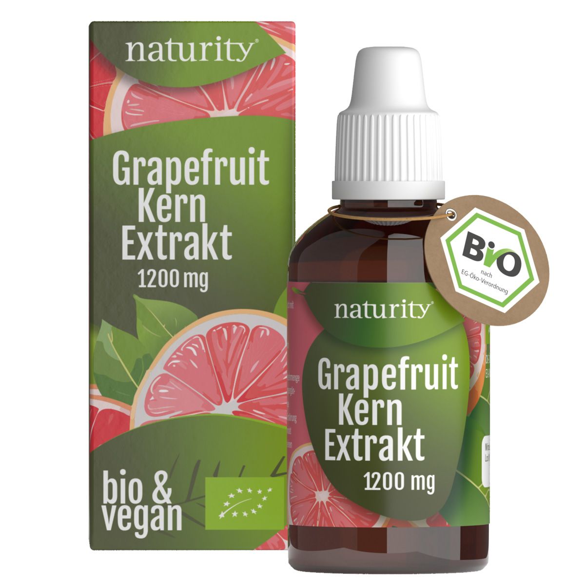 Produktverpackung mit Flasche. Text: Grapefruitkern Extrakt 1200 mg, bio & vegan. Grün und rosa Farbschema.