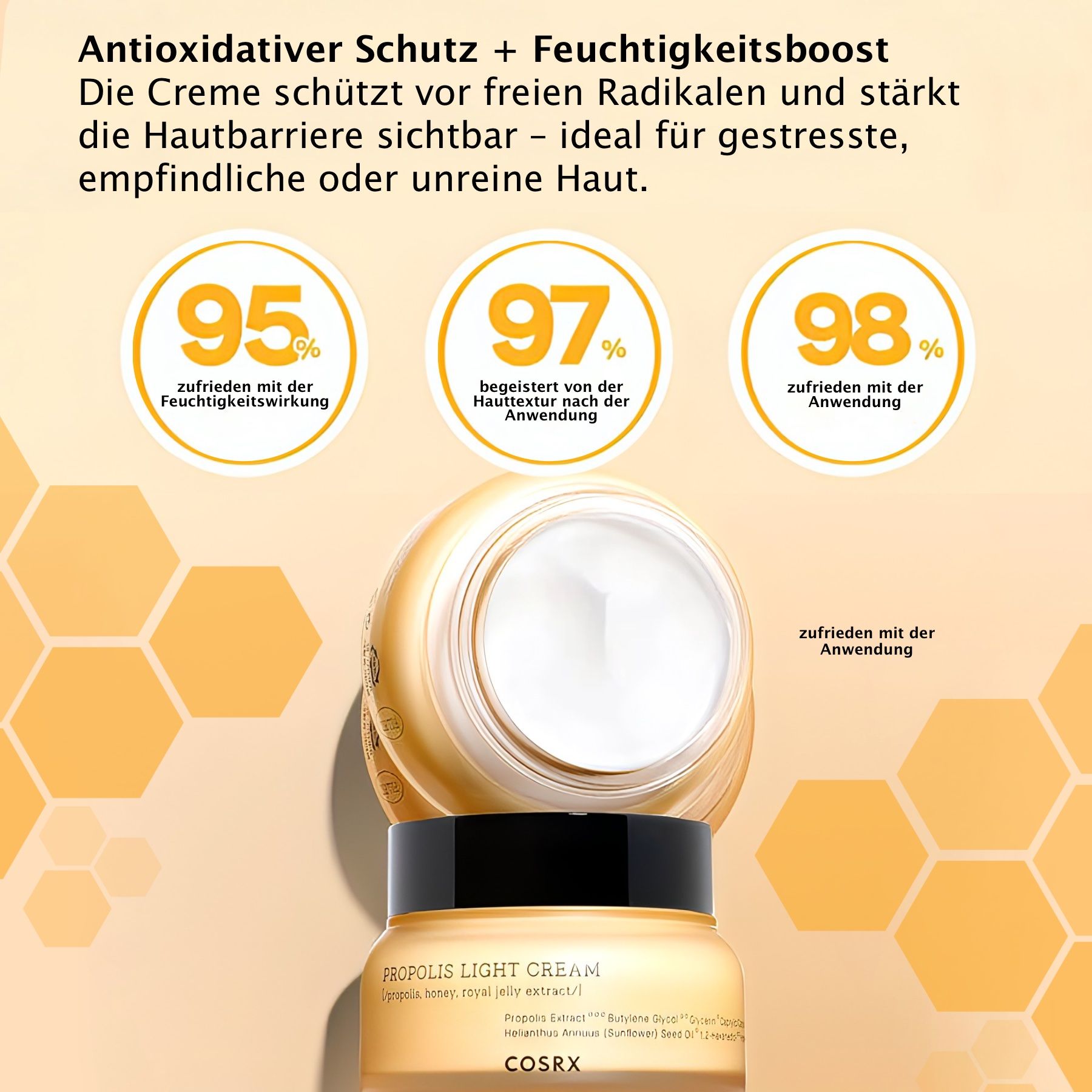 Tiegel COSRX Propolis Light Cream. Gelbes Glas, schwarzer Deckel. Creme-Textur.