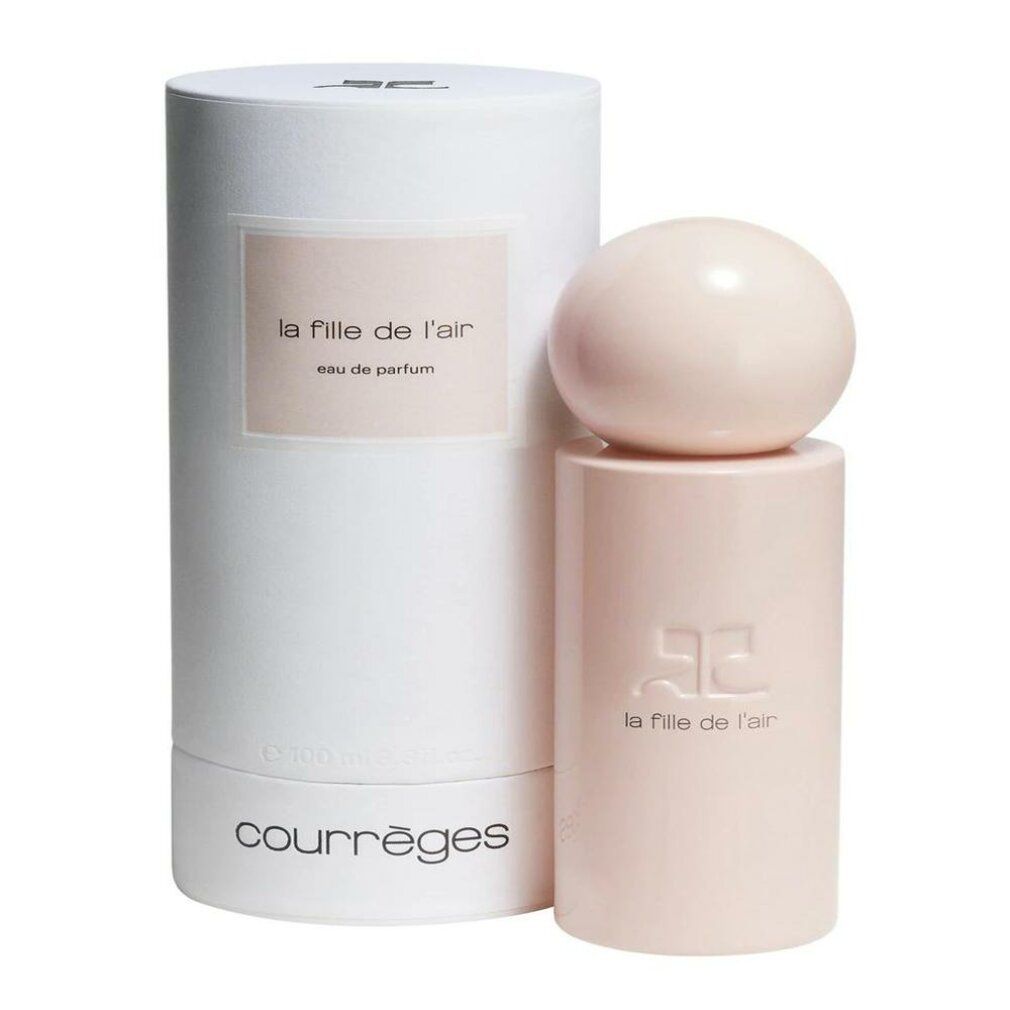 Rosa Parfumflasche mit Kugelverschluss und weißer Verpackung. Aufschrift: La Fille de l'air, Eau de Parfum, Courrèges.