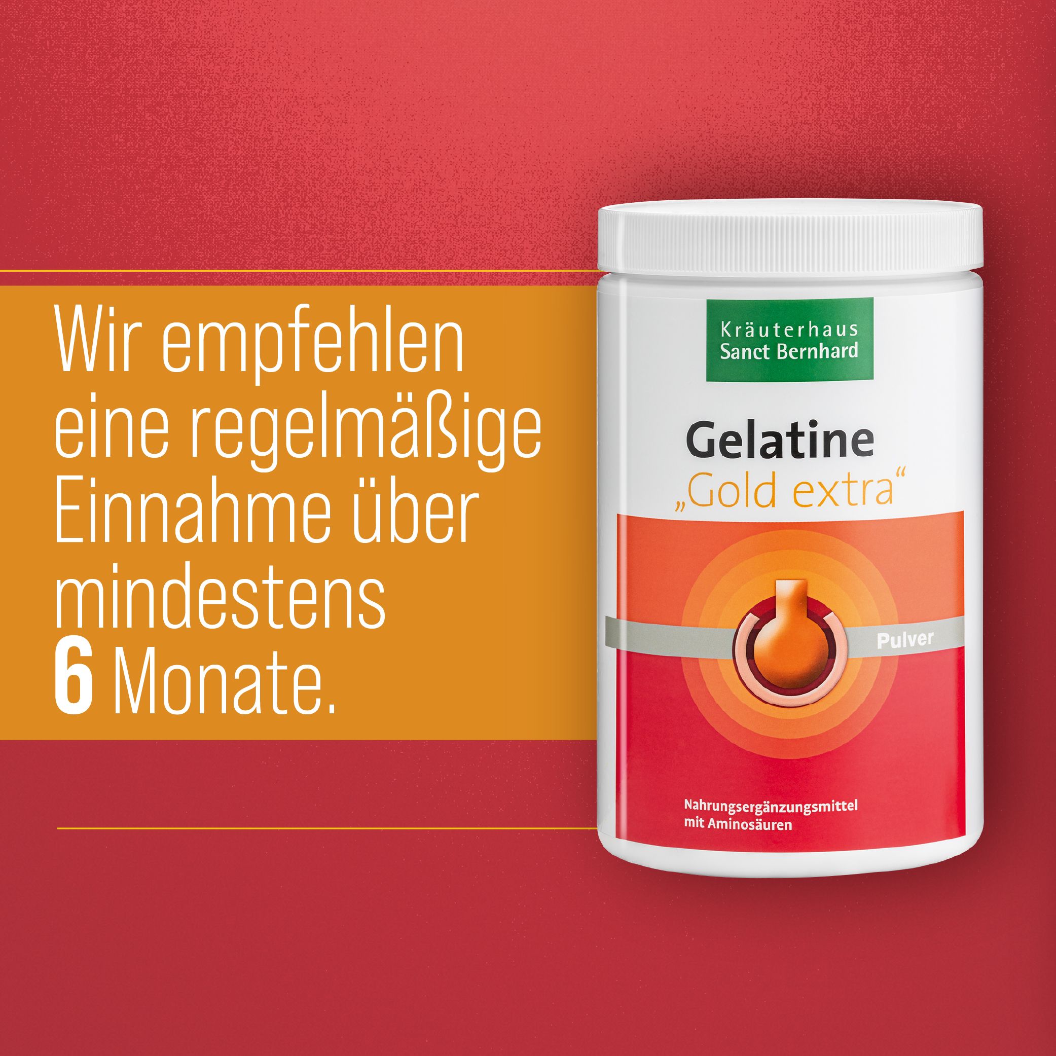 Weiße Dose Gelatine „Gold extra“ mit rotem und grünem Etikett. Text: Regelmäßige Einnahme über 6 Monate.