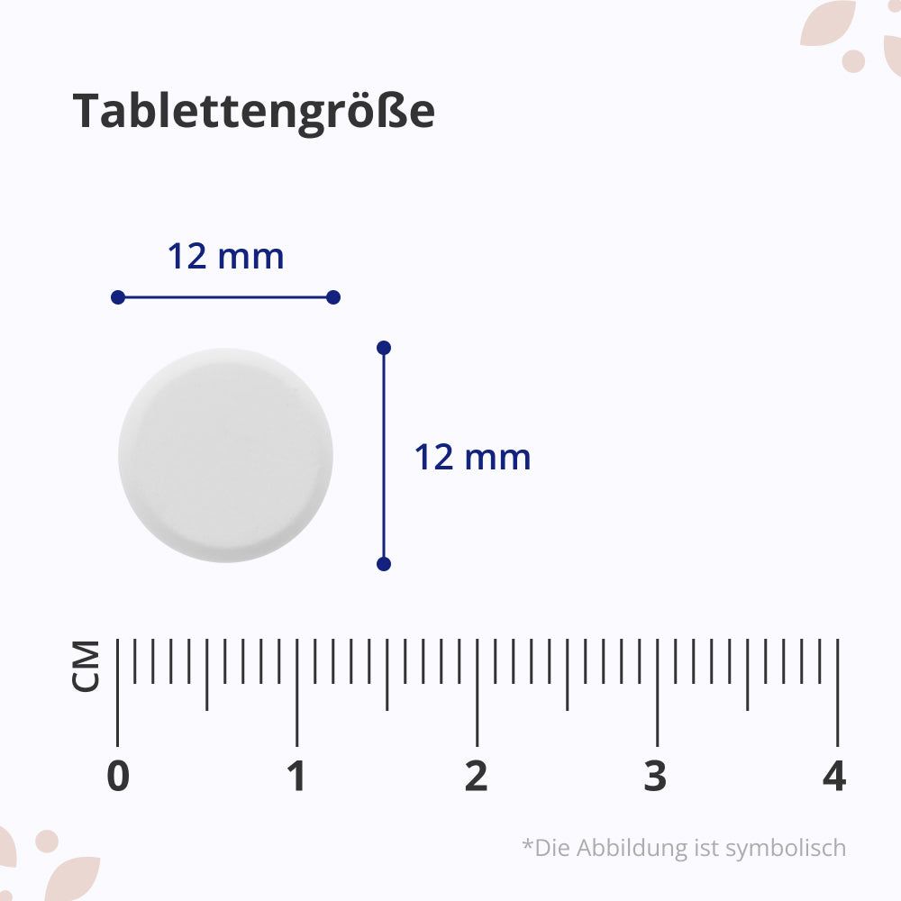 Nahaufnahme einer Tablette. Durchmesser 12 mm. Skala in cm.