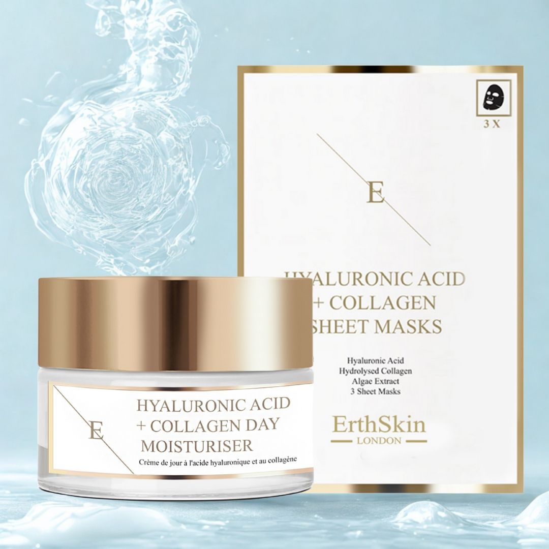 Tagescreme-Tiegel mit goldfarbenem Deckel und Karton mit Gesichtsmasken. Aufschrift: Hyaluronsäure + Kollagen. Marke: ErthSkin London. Wasser-Effekt im Hintergrund.
