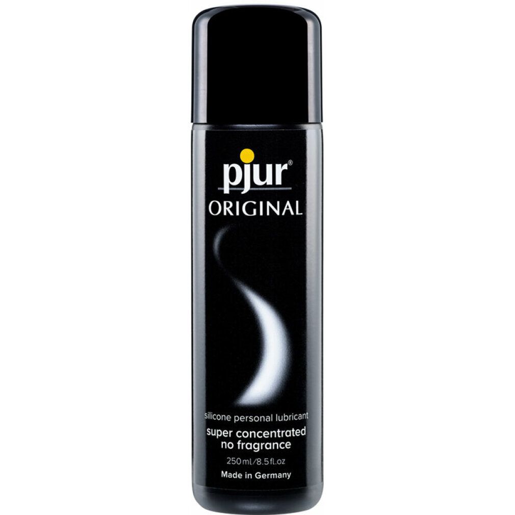 Schwarze Flasche mit gelbem Etikett. Aufschrift: pjur ORIGINAL, SILICONE-BASED PERSONAL LUBRICANT, super concentrated no fragrance, 250ml/8.5 fl.oz. Made in Germany.