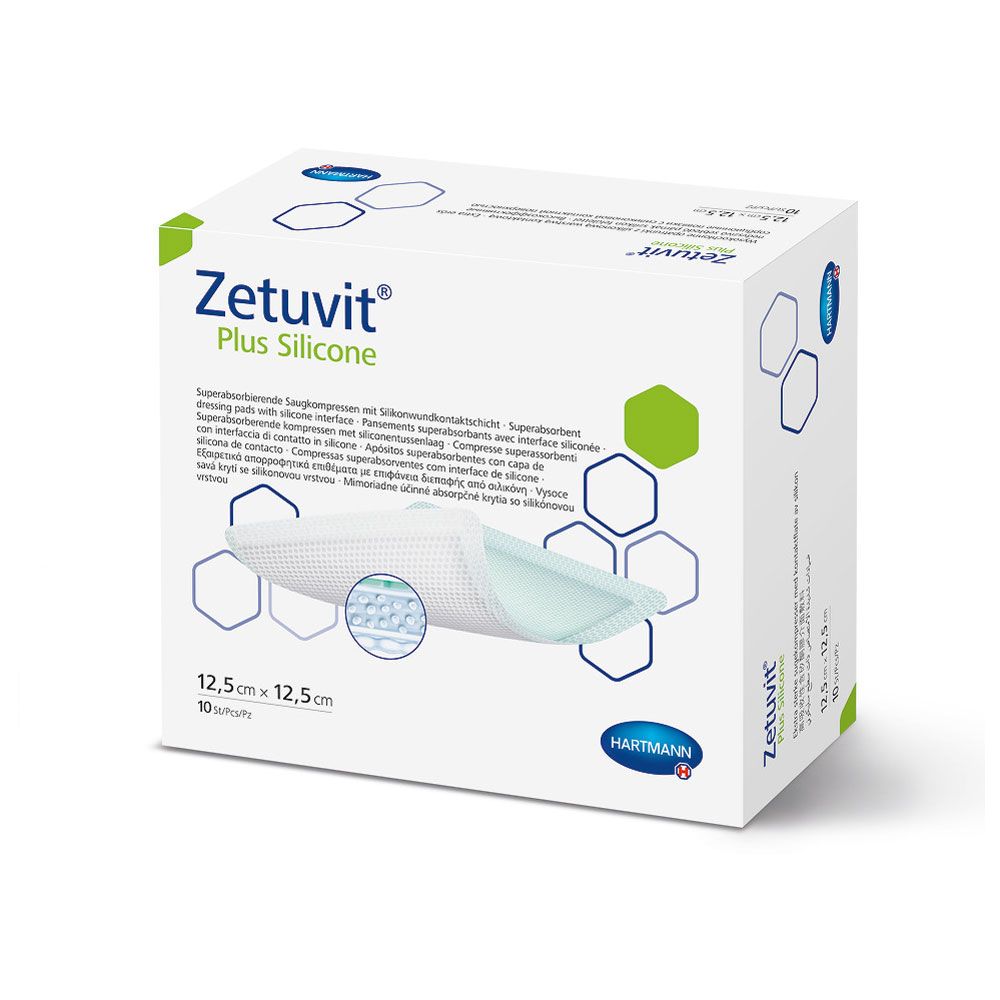Verpackung von Zetuvit® Plus Silicone. Produktname, hexagonale Muster und ein Verband sind abgebildet. Größe: 12,5 x 12,5 cm.