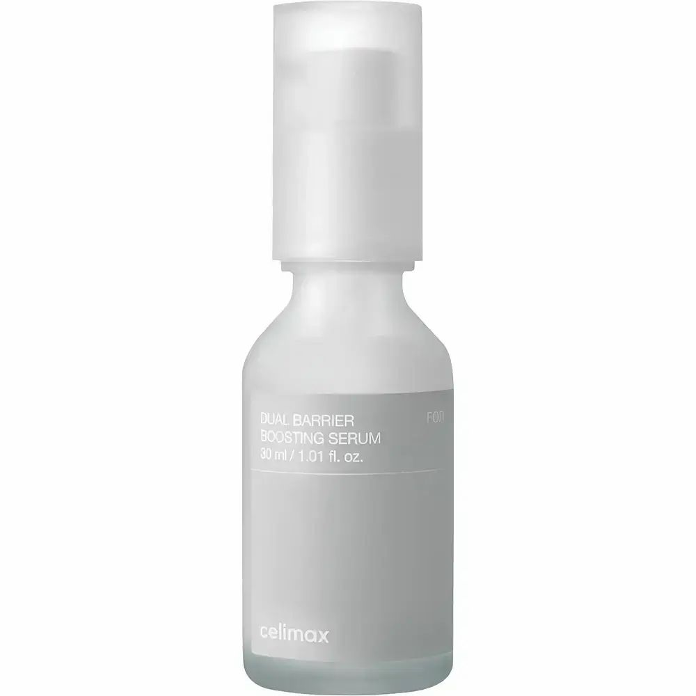 Weiße Flasche mit weißem Deckel. Aufschrift: Dual Barrier Boosting Serum. Marke: celimax.
