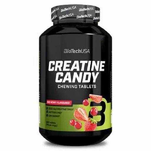 Schwarze Flasche mit "Creatine Candy"-Tabletten. Rote Beeren-Geschmack. Marke: BioTechUSA. 240 Tabletten.