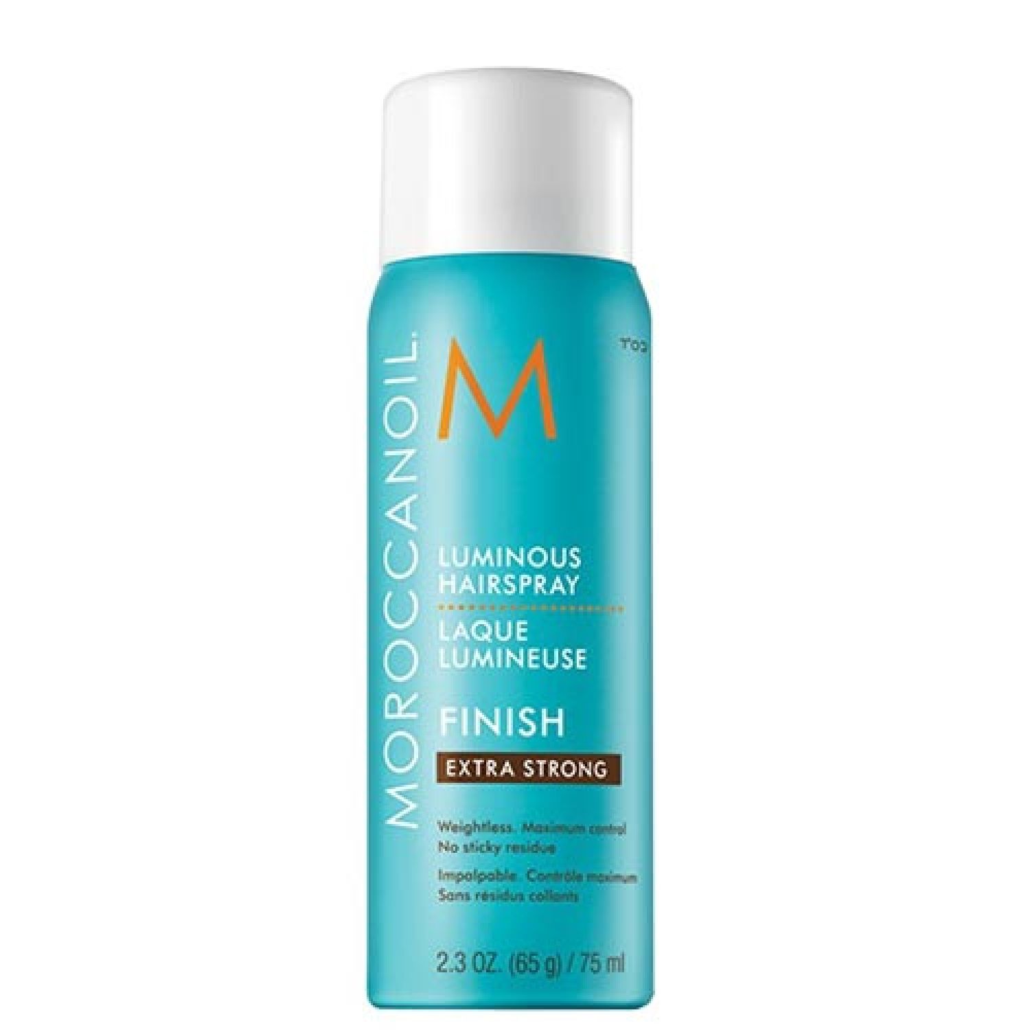 Türkisfarbene Haarspray-Dose mit weißem Deckel. Aufschrift: MOROCCANOIL, LUMINOUS HAIRSPRAY, FINISH EXTRA STRONG. 2.3 OZ. (65 g) / 75 ml.