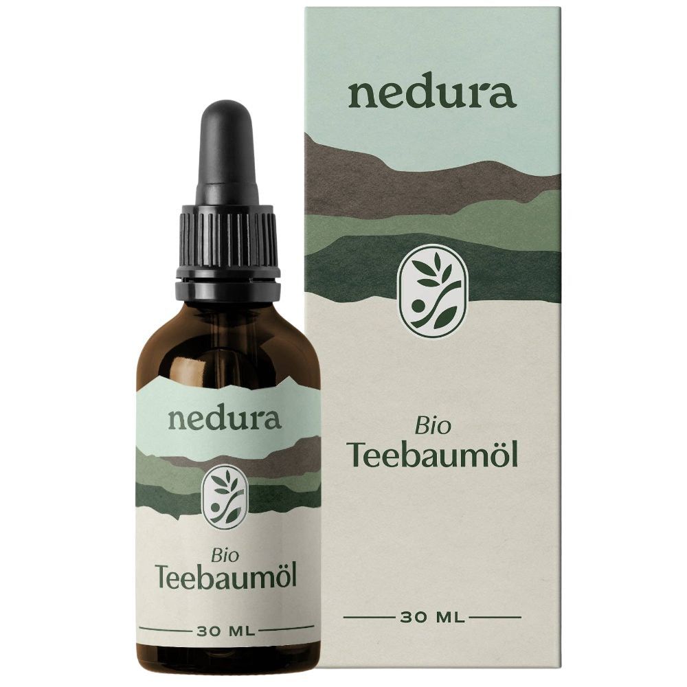 Braune Glasflasche mit schwarzem Deckel und Pipette, daneben Karton. Aufdruck: nedura, Bio Teebaumöl, 30 ml.