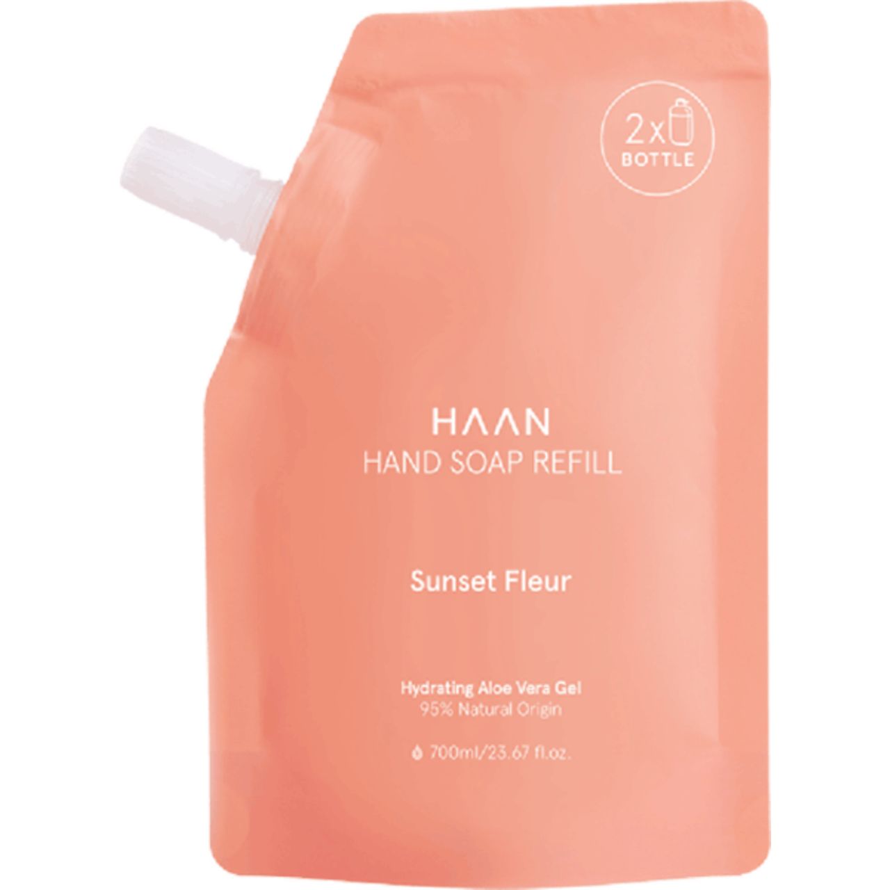 Nachfüllbeutel für Handseife, rosa. Text: HAAN, Sunset Fleur, Hydrating Aloe Vera Gel, 95% Natural Origin. 2x Flaschen-Symbol.