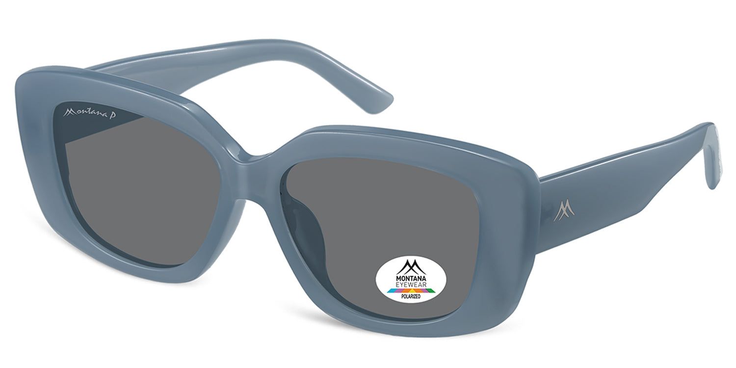 Blaue Sonnenbrille, seitliche Ansicht. "Montana" auf dem linken Bügel. Auf dem rechten Glas ein Aufkleber mit Logo und "Polarized".