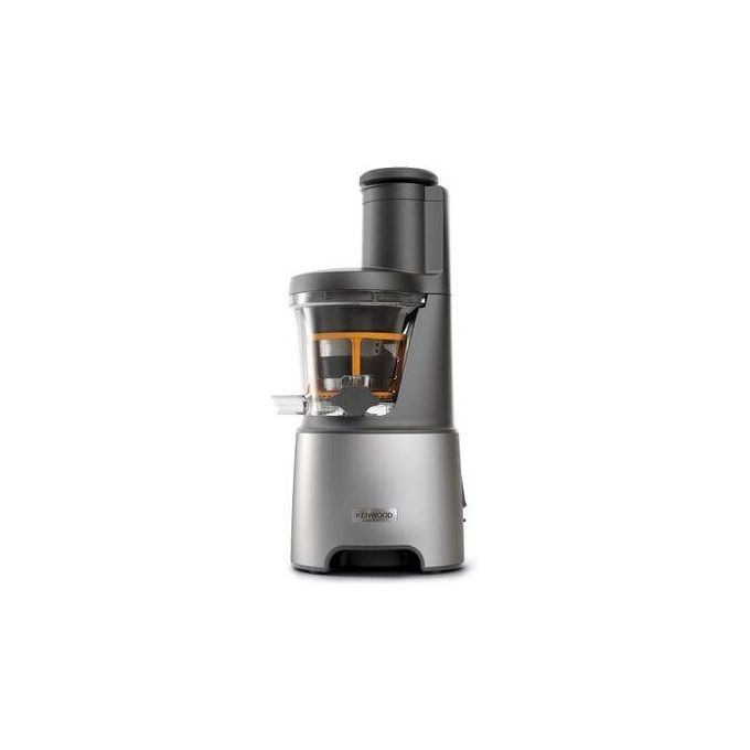 Estrattore di succo Kenwood JMP85.000SI argento. L'apparecchio ha una parte superiore nera e un contenitore trasparente per gli ingredienti. L'estrattore di succo ha una potenza di 230 W.