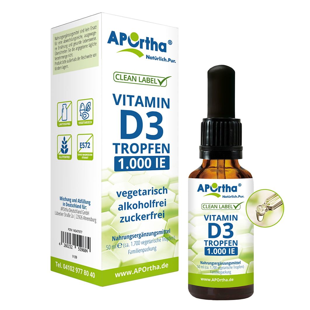 Produktflasche und Verpackung. Text: Vitamin D3 Tropfen 1.000 IE, vegetarisch, alkoholfrei, zuckerfrei. Mit Tropfer.