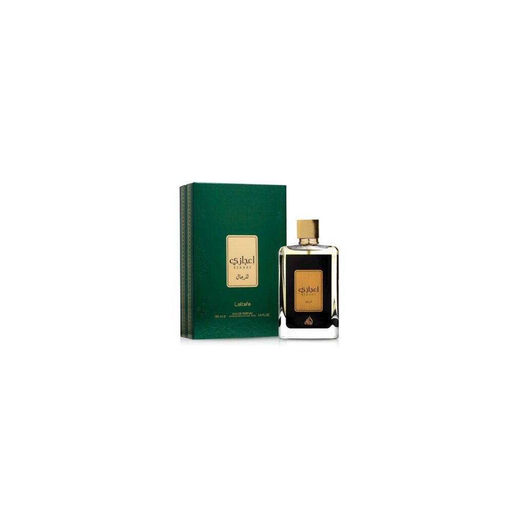 Parfümflasche und Verpackung. Rechteckige Flasche mit goldener Kappe. Grüne Verpackung mit goldener Schrift.