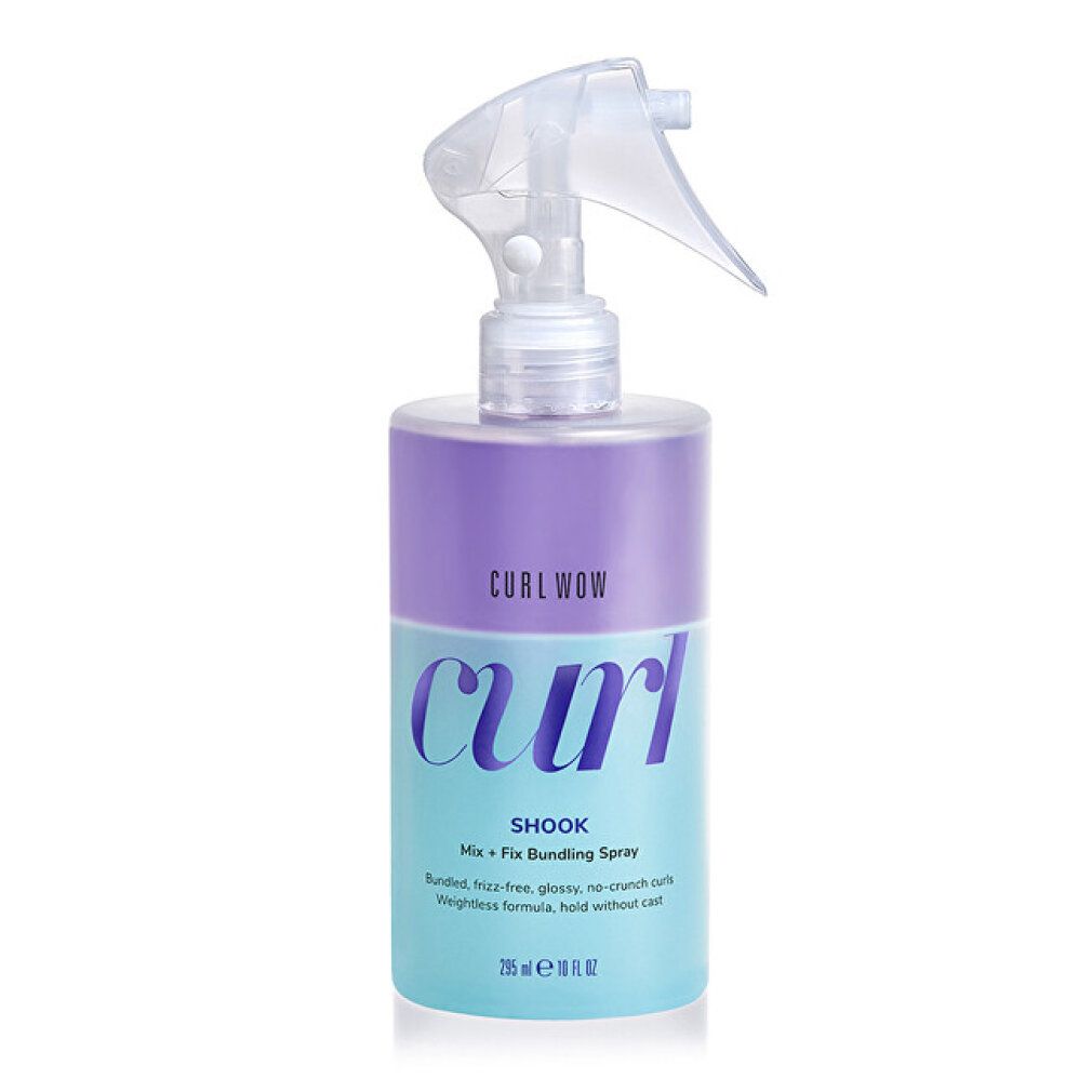 Curl Wow Shook Epic Curl Perfector Spray mit Sprühkopf. Lila und hellblaue Flasche mit Produktinformationen.