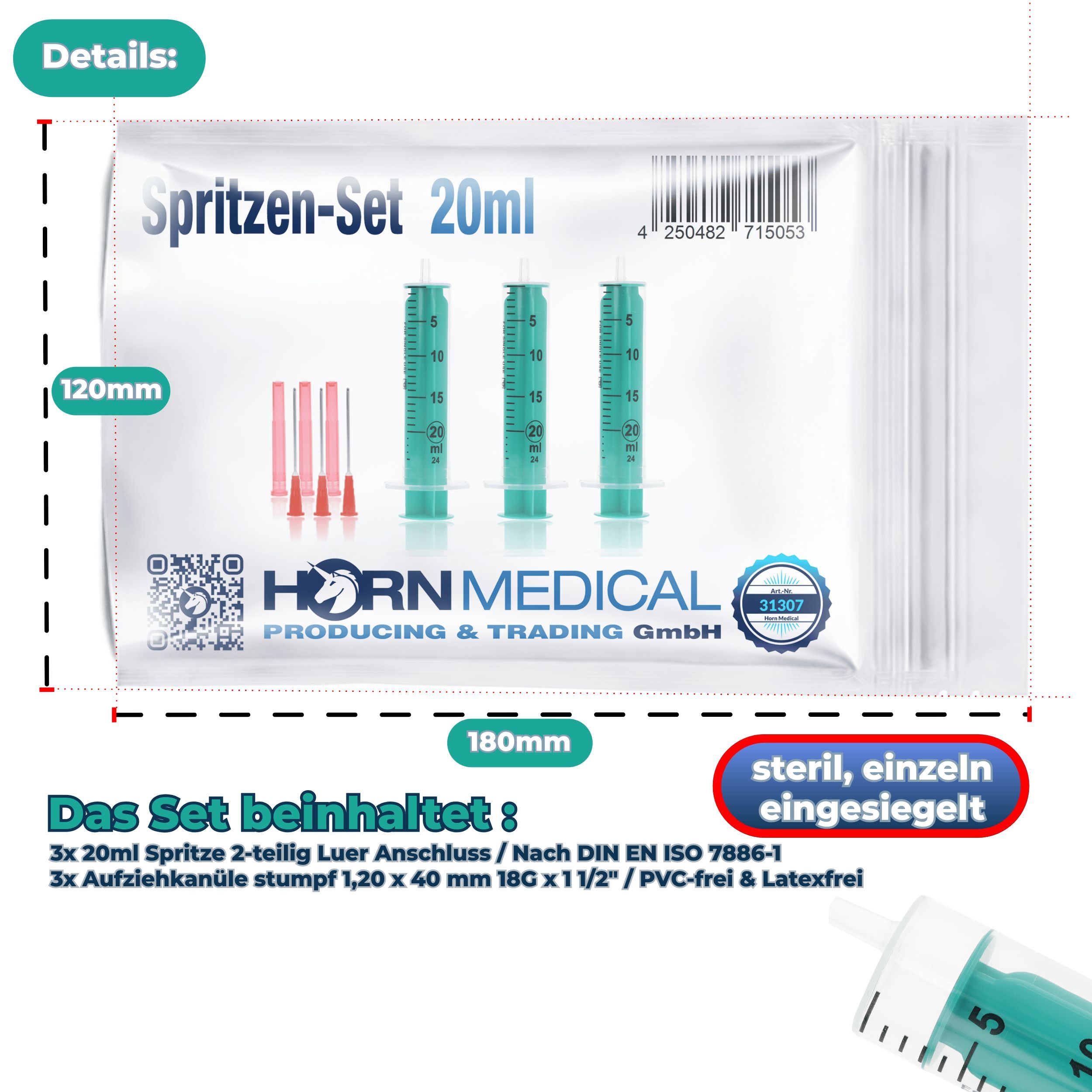 Verpackung: Spritzen-Set 20ml. 3 Spritzen, 3 Kanülen. Text: Horn Medical, steril, einzeln eingesiegelt.