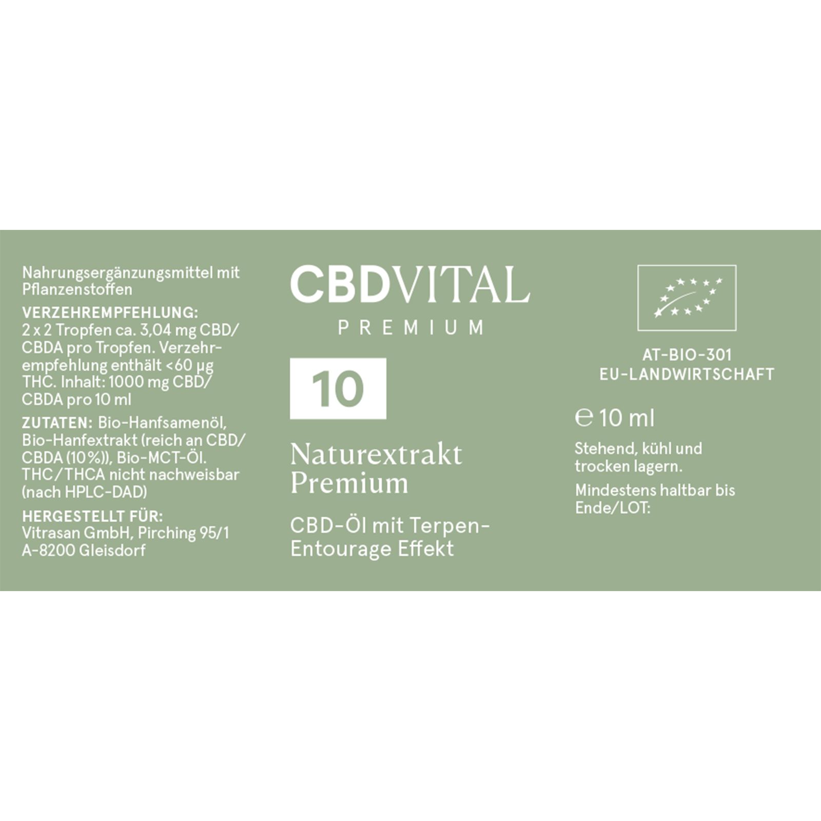 Etikett einer Flasche CBD VITAL Premium 10% Naturextrakt Hanföl. Nährwertangaben und Bio-Siegel.